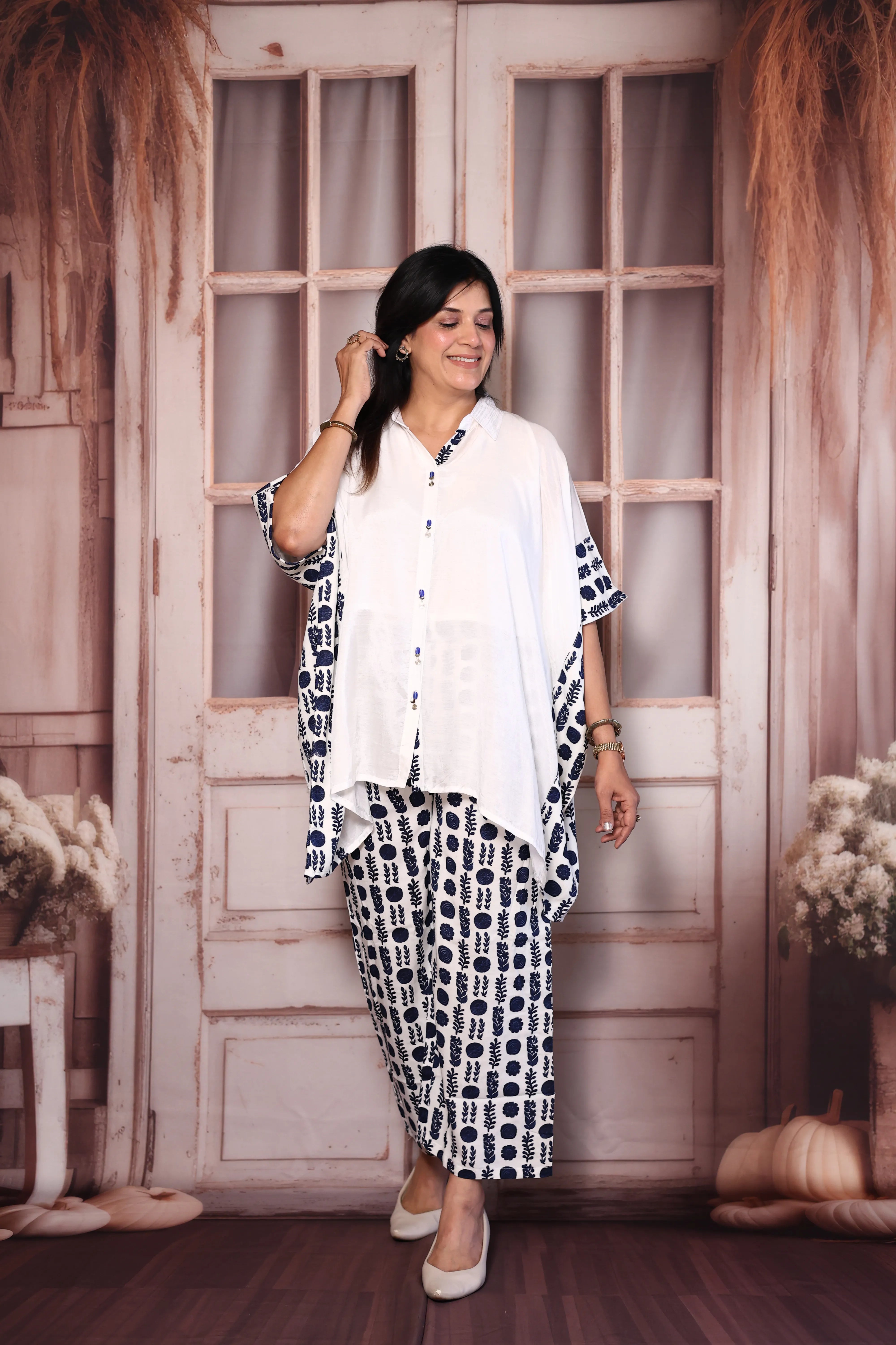 White & Blue Crepe Kaftan Co-Ord Set with Printed Pants | Collared Stylish Lounge Wear