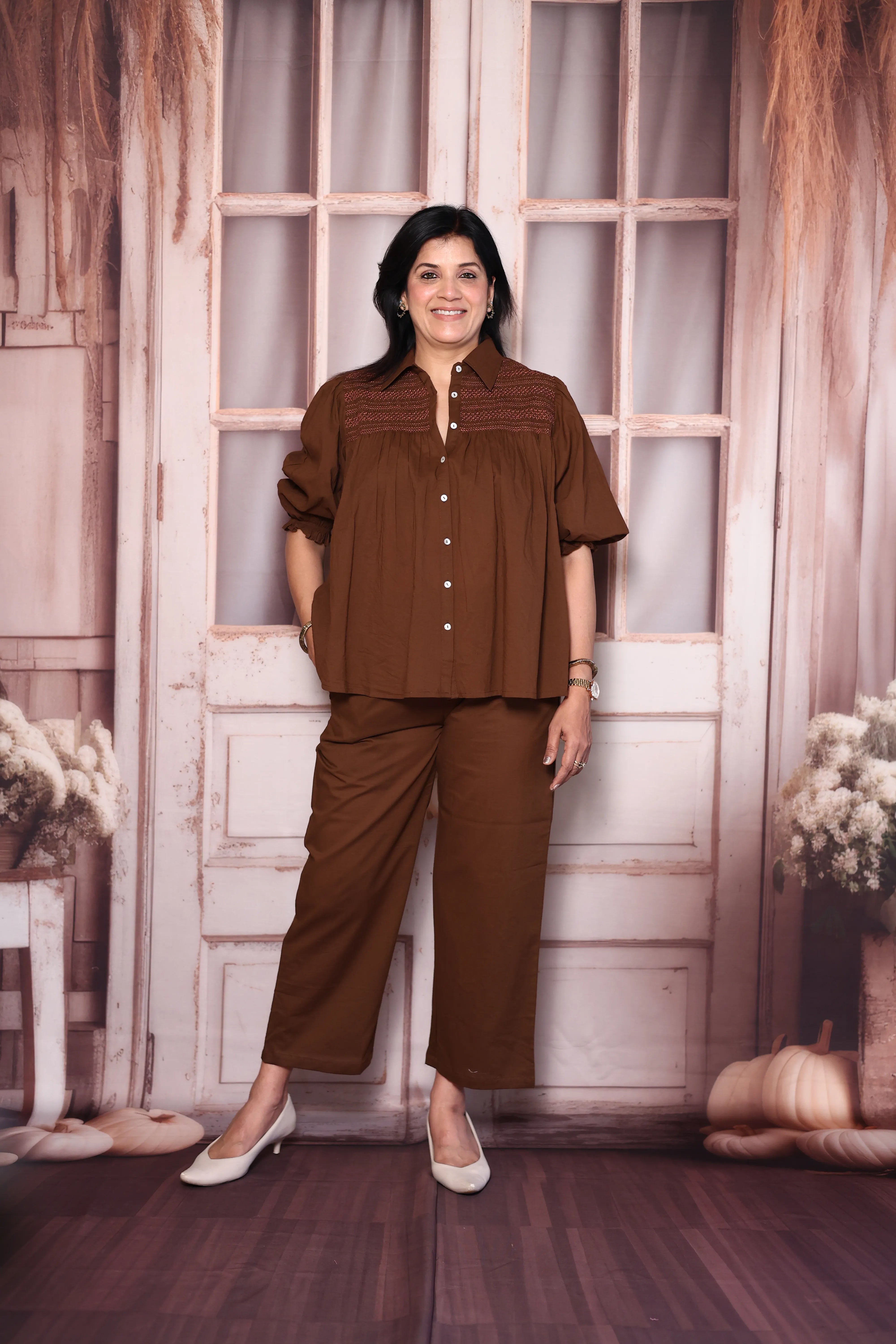 Dark Chocolaty Brown Smocked Collared Cotton Co-Ord Set | Puff Sleeve Top with Palazzo Pants