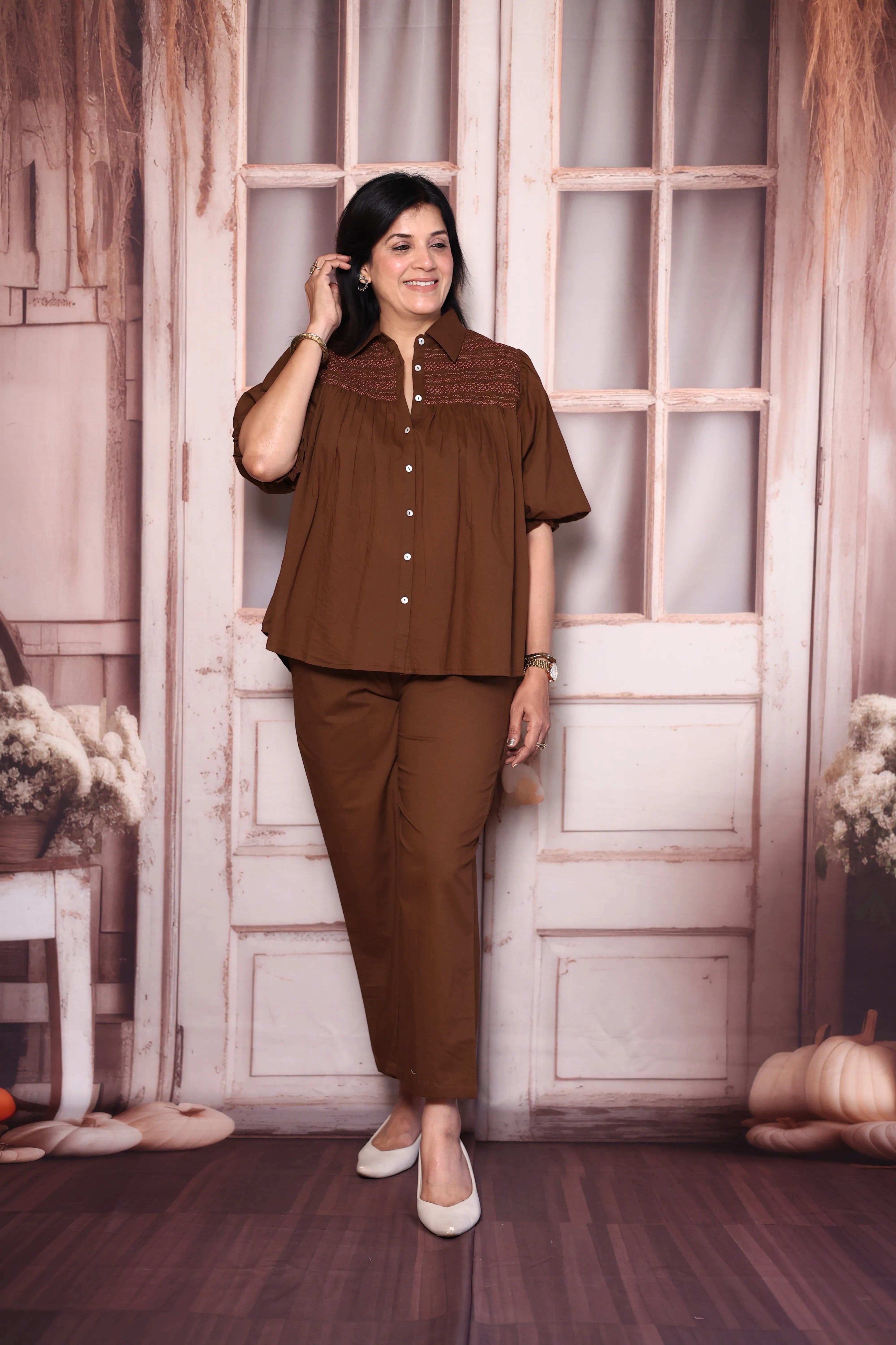 Dark Chocolaty Brown Smocked Collared Cotton Co-Ord Set | Puff Sleeve Top with Palazzo Pants