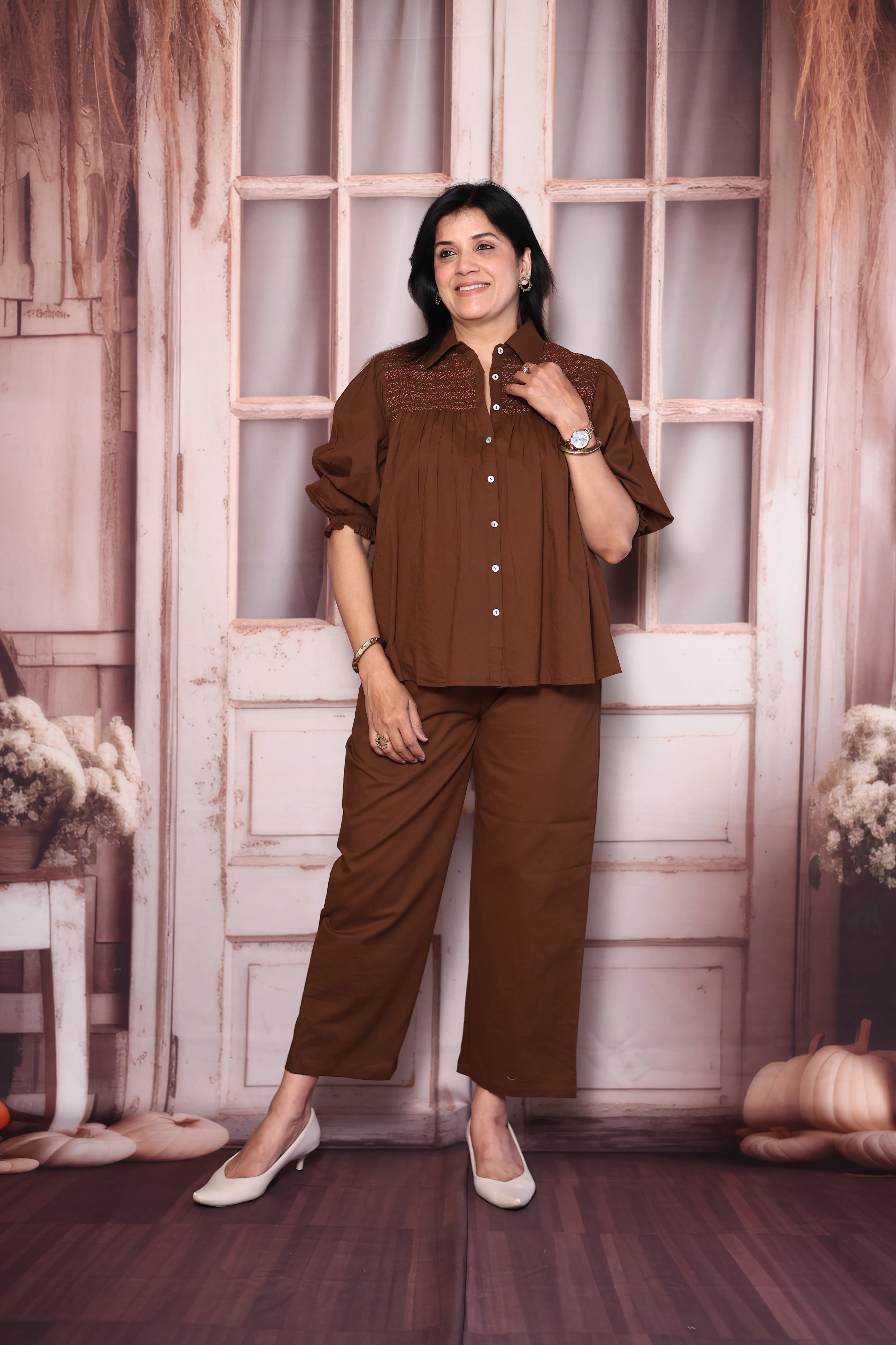 Dark Chocolaty Brown Smocked Collared Cotton Co-Ord Set | Puff Sleeve Top with Palazzo Pants