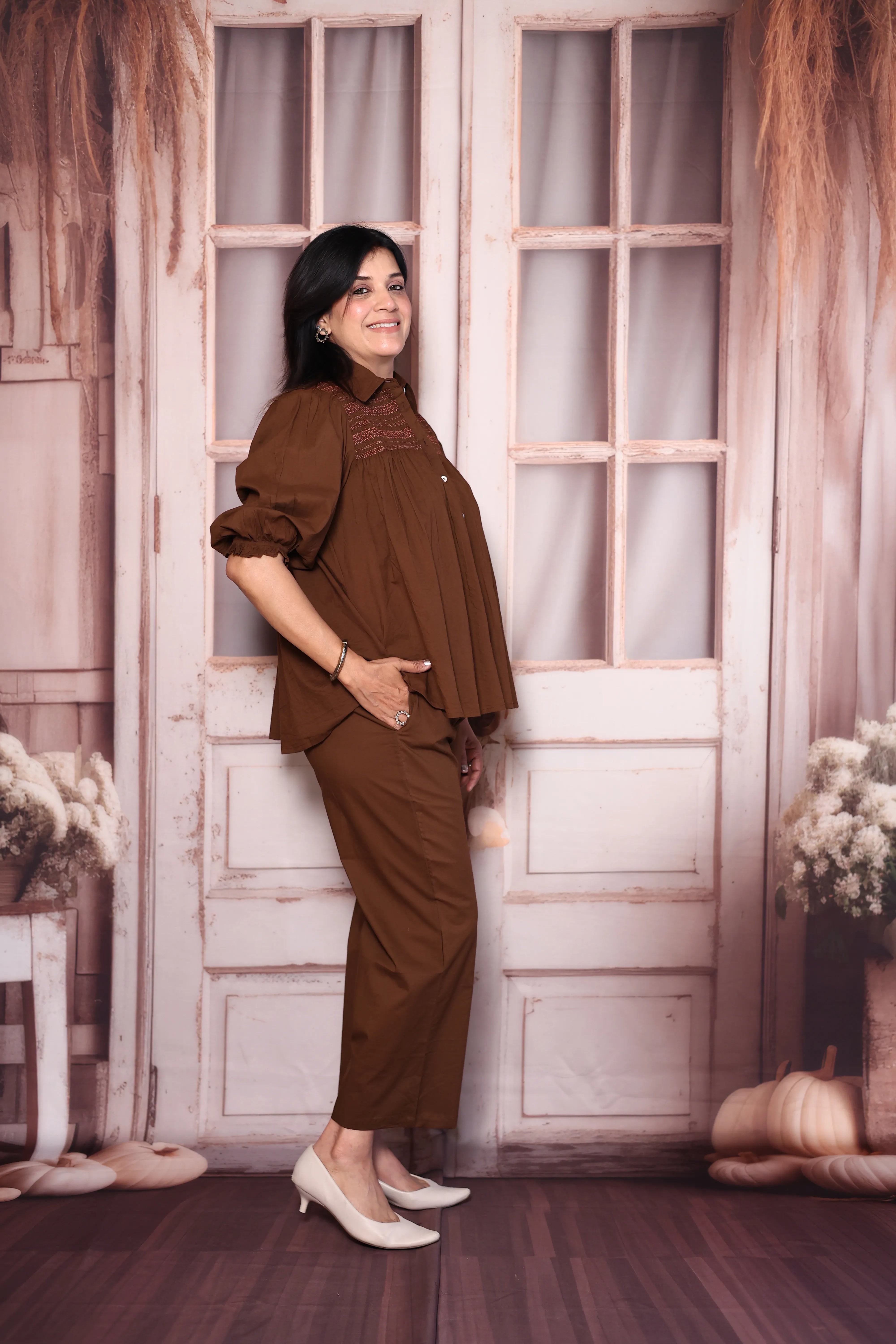 Dark Chocolaty Brown Smocked Collared Cotton Co-Ord Set | Puff Sleeve Top with Palazzo Pants