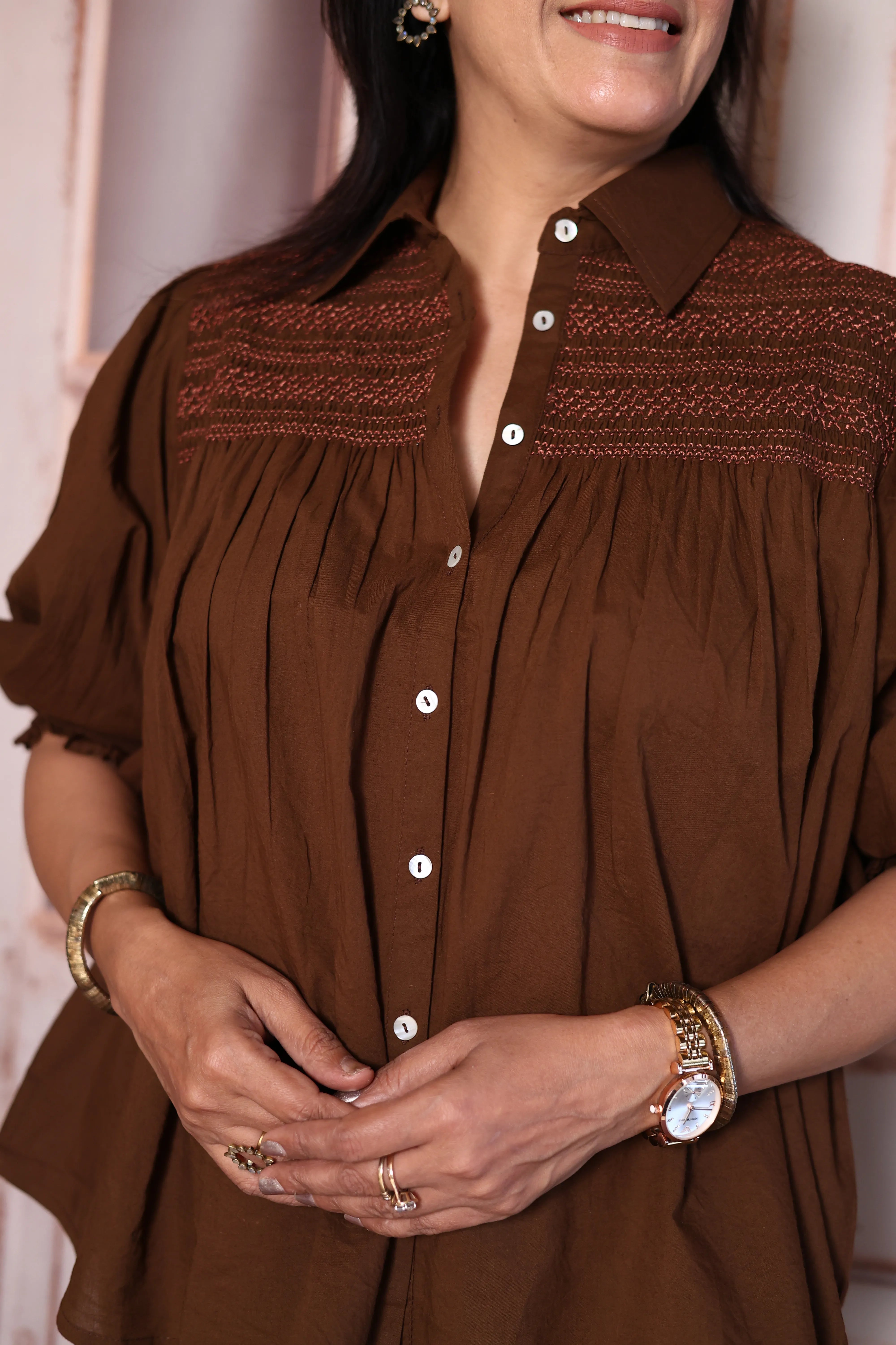 Dark Chocolaty Brown Smocked Collared Cotton Co-Ord Set | Puff Sleeve Top with Palazzo Pants