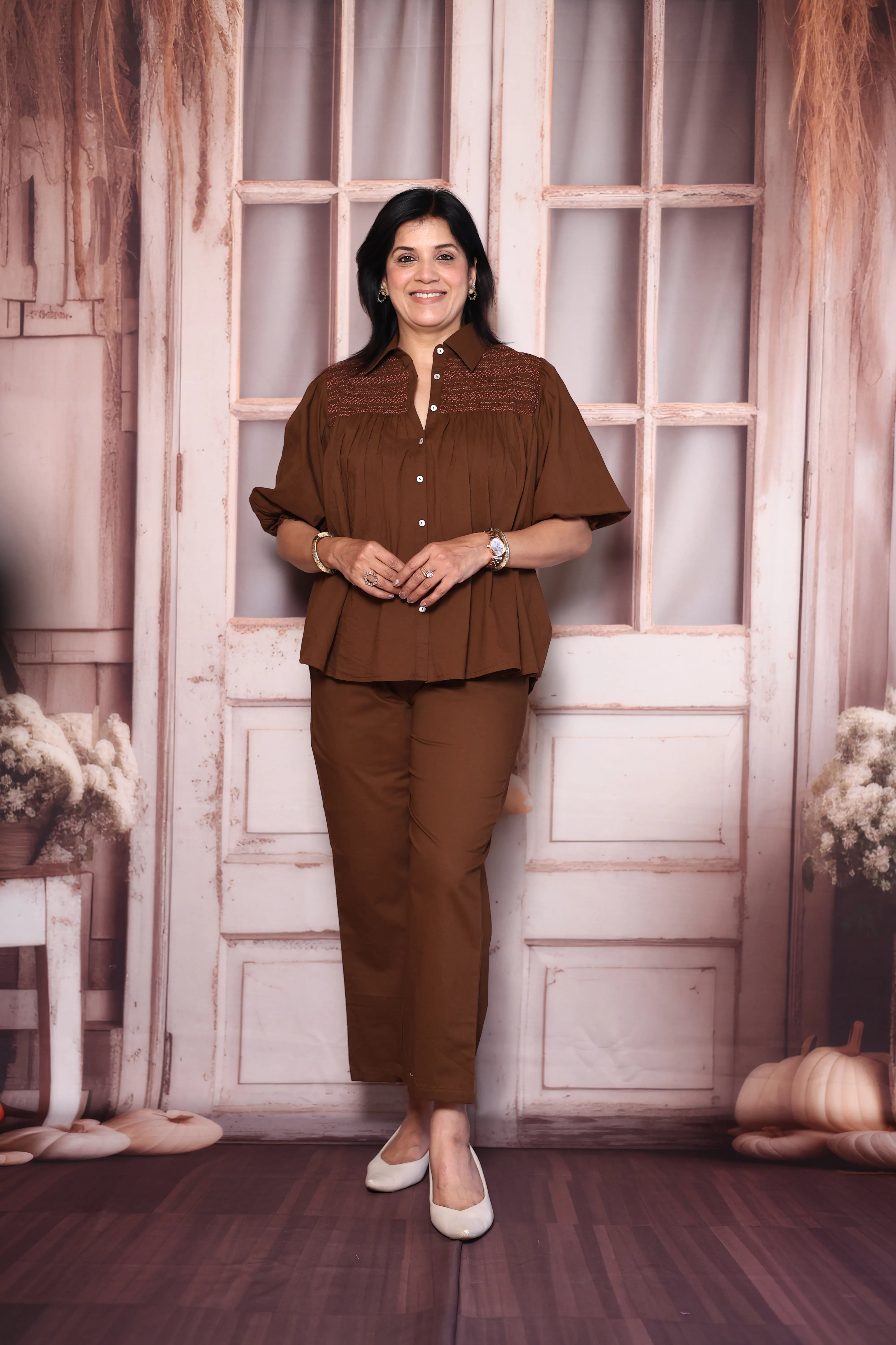 Dark Chocolaty Brown Smocked Collared Cotton Co-Ord Set | Puff Sleeve Top with Palazzo Pants