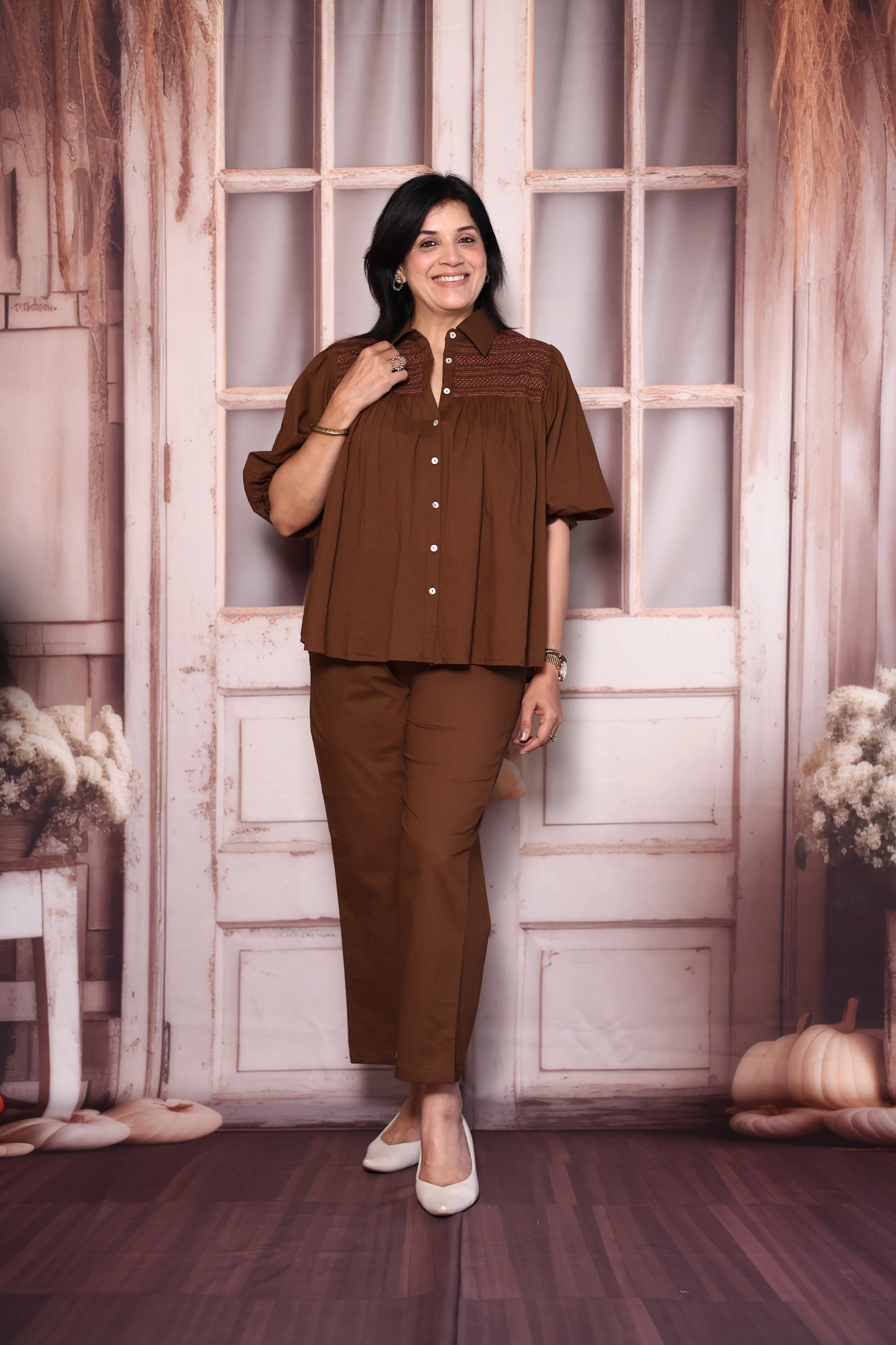 Dark Chocolaty Brown Smocked Collared Cotton Co-Ord Set | Puff Sleeve Top with Palazzo Pants