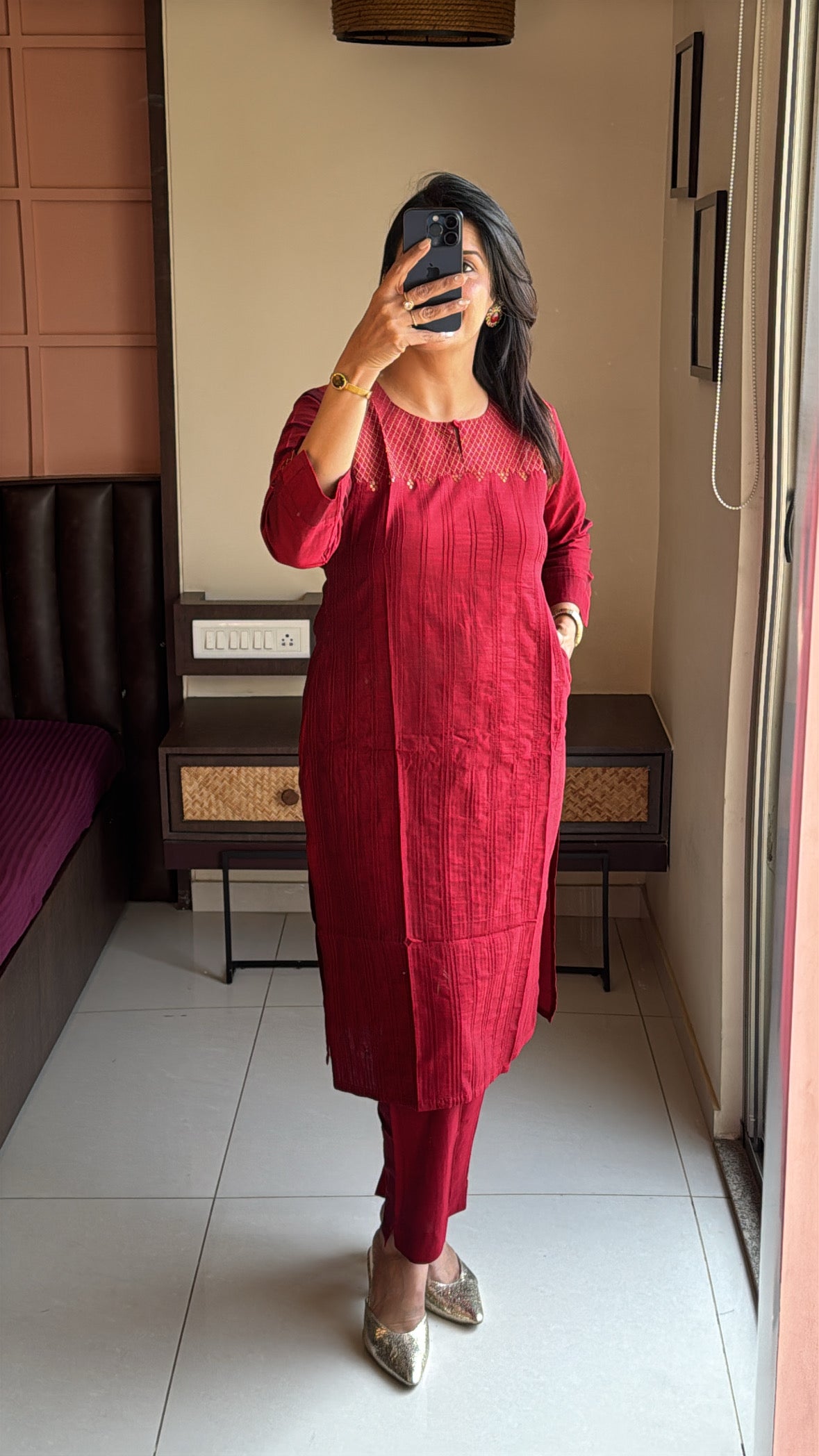 Maroon Straight-Cut Kurta Pant Set with Yoke Work & Pintuck Detailing | Raw Silk