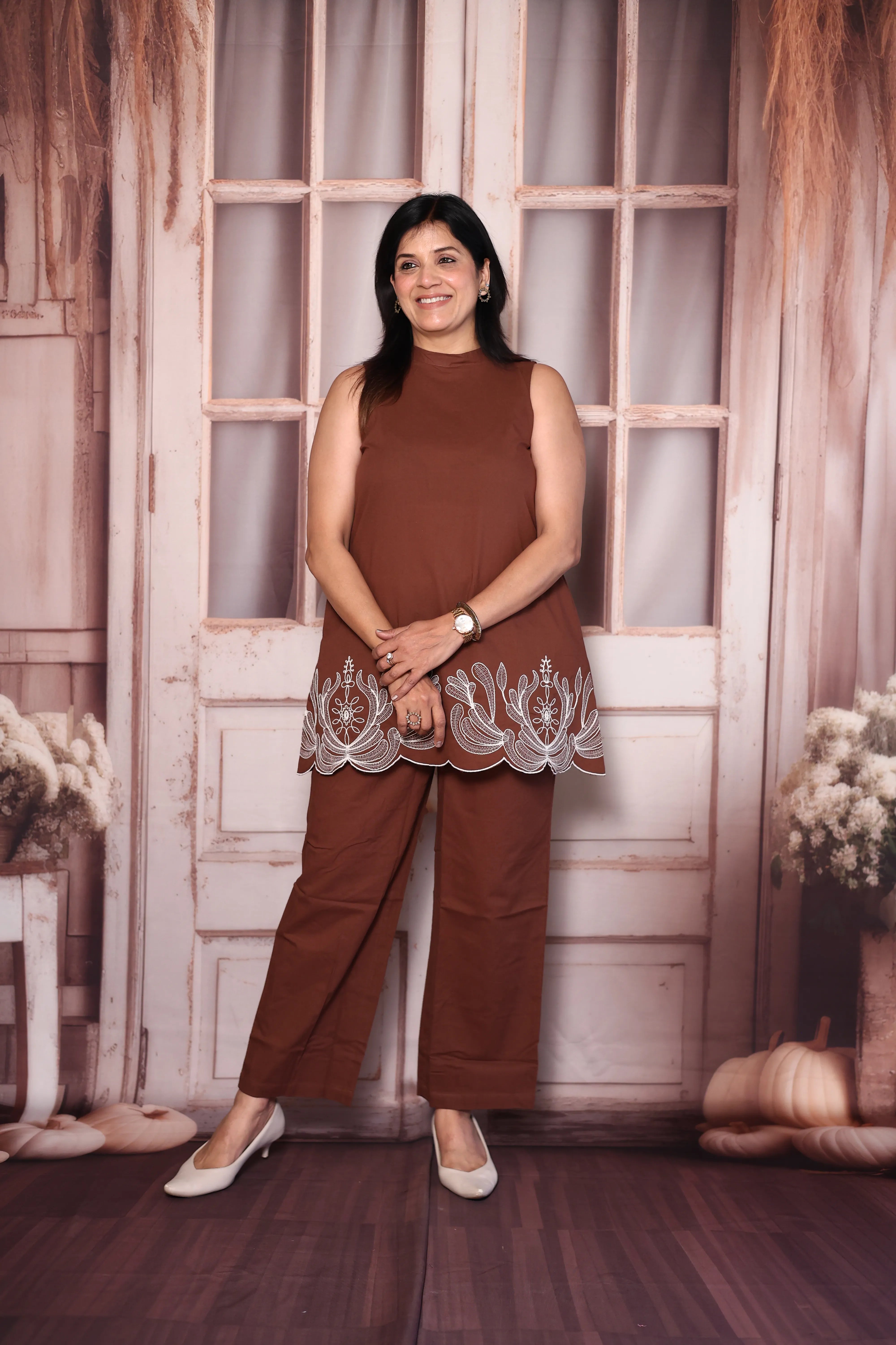Burnt Brown Cutwork Sleeveless Cotton Co-Ord Set | Plus Size Available