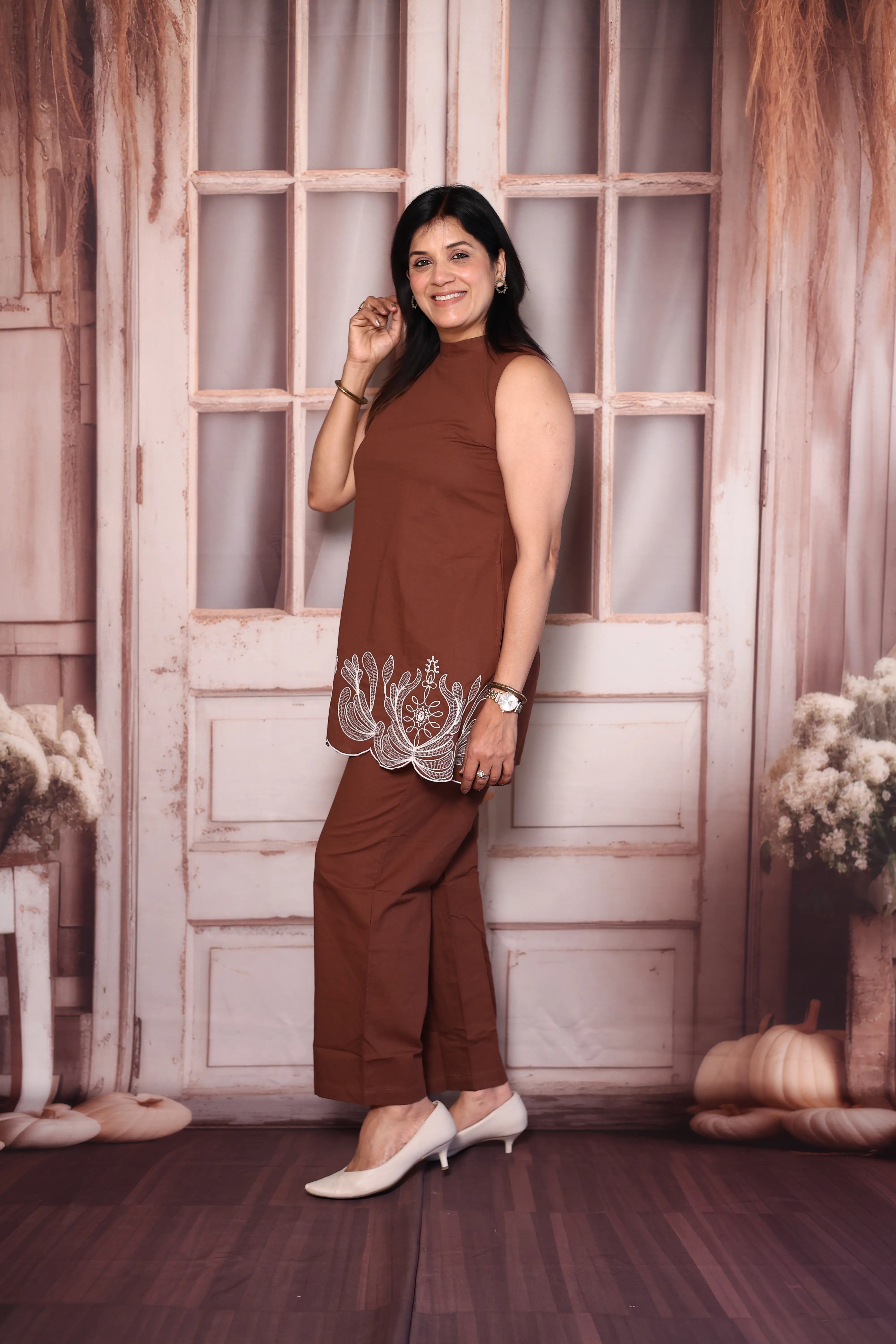 Burnt Brown Cutwork Sleeveless Cotton Co-Ord Set | Plus Size Available