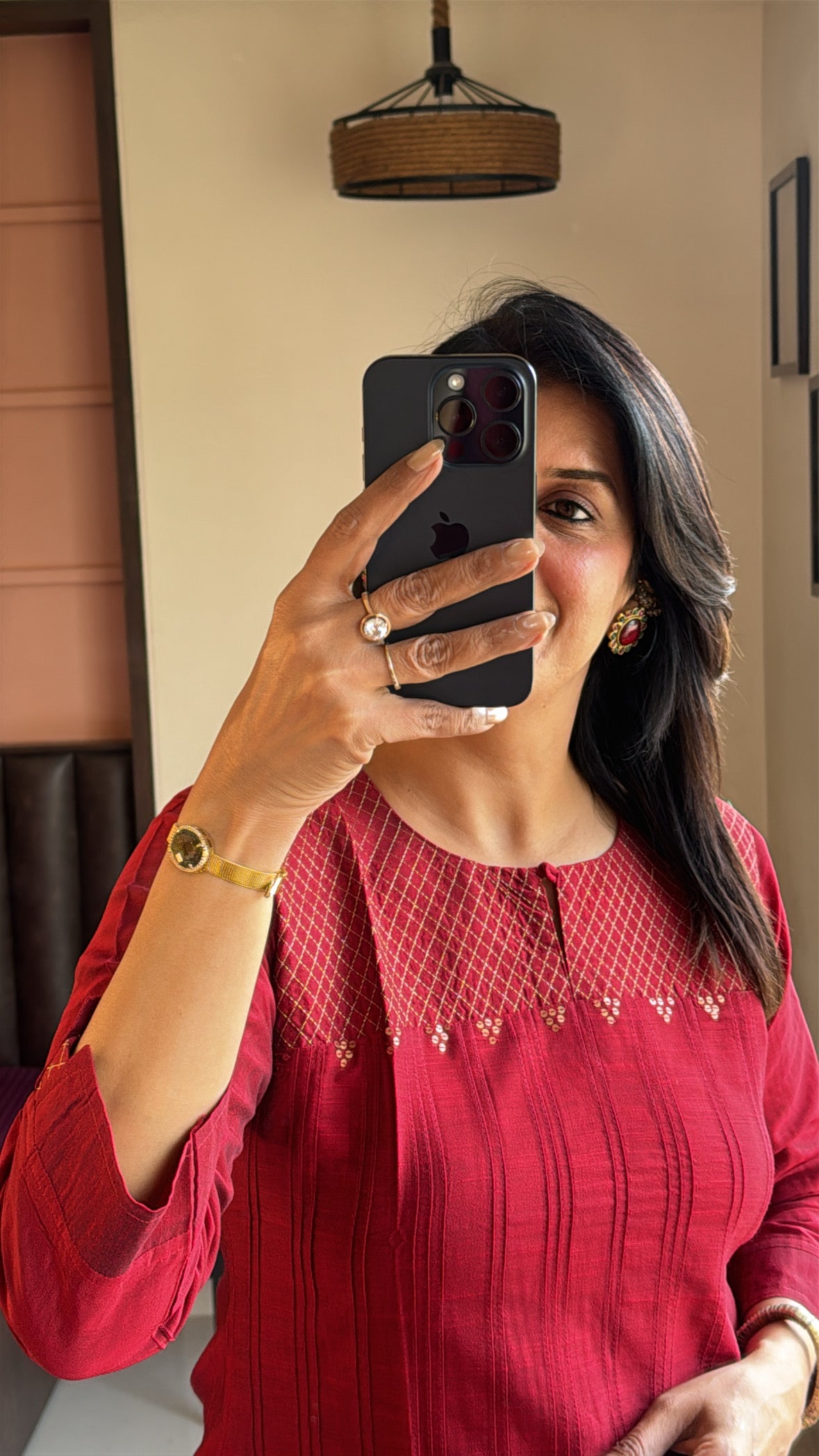 Maroon Straight-Cut Kurta Pant Set with Yoke Work & Pintuck Detailing | Raw Silk