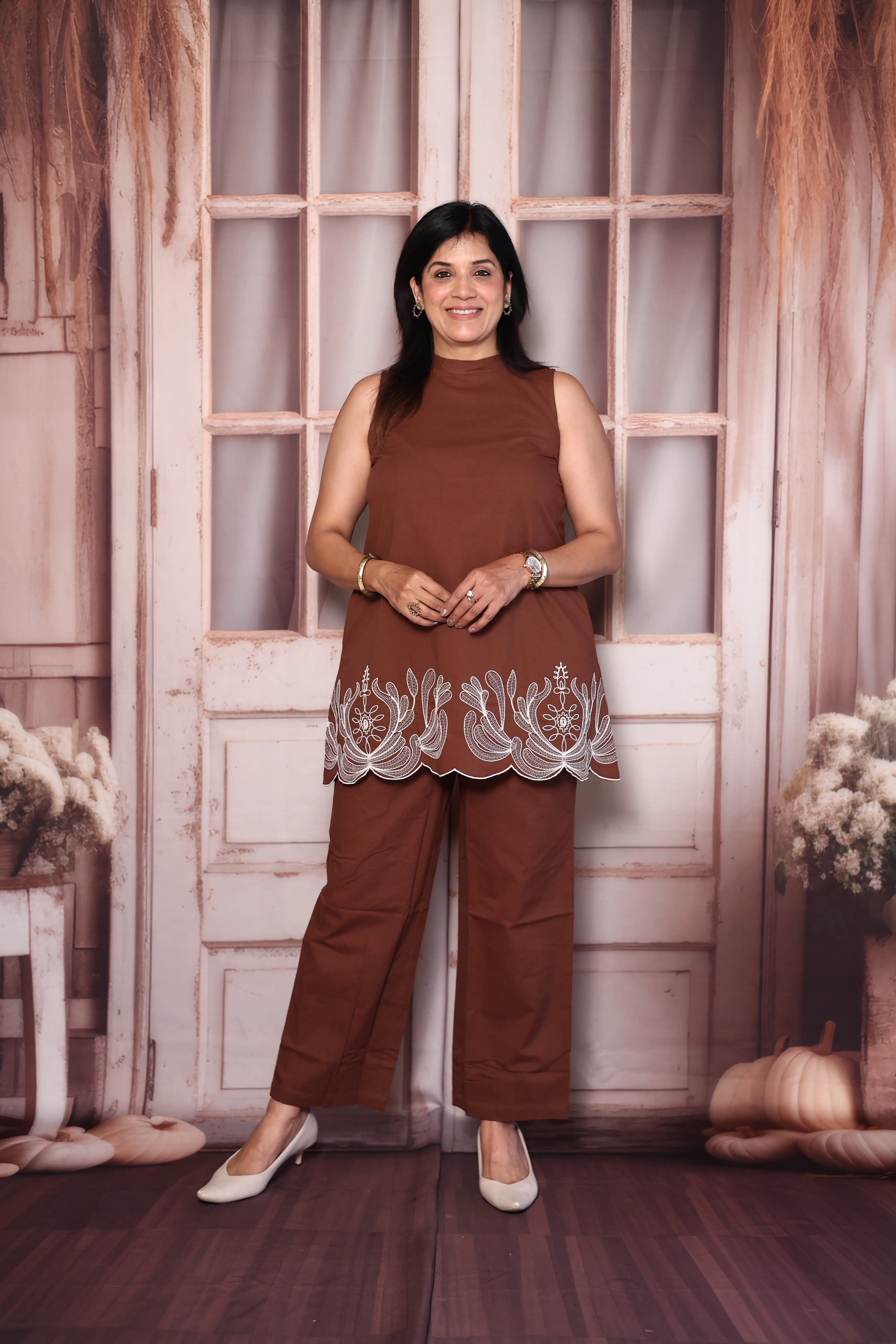 Burnt Brown Cutwork Sleeveless Cotton Co-Ord Set | Plus Size Available