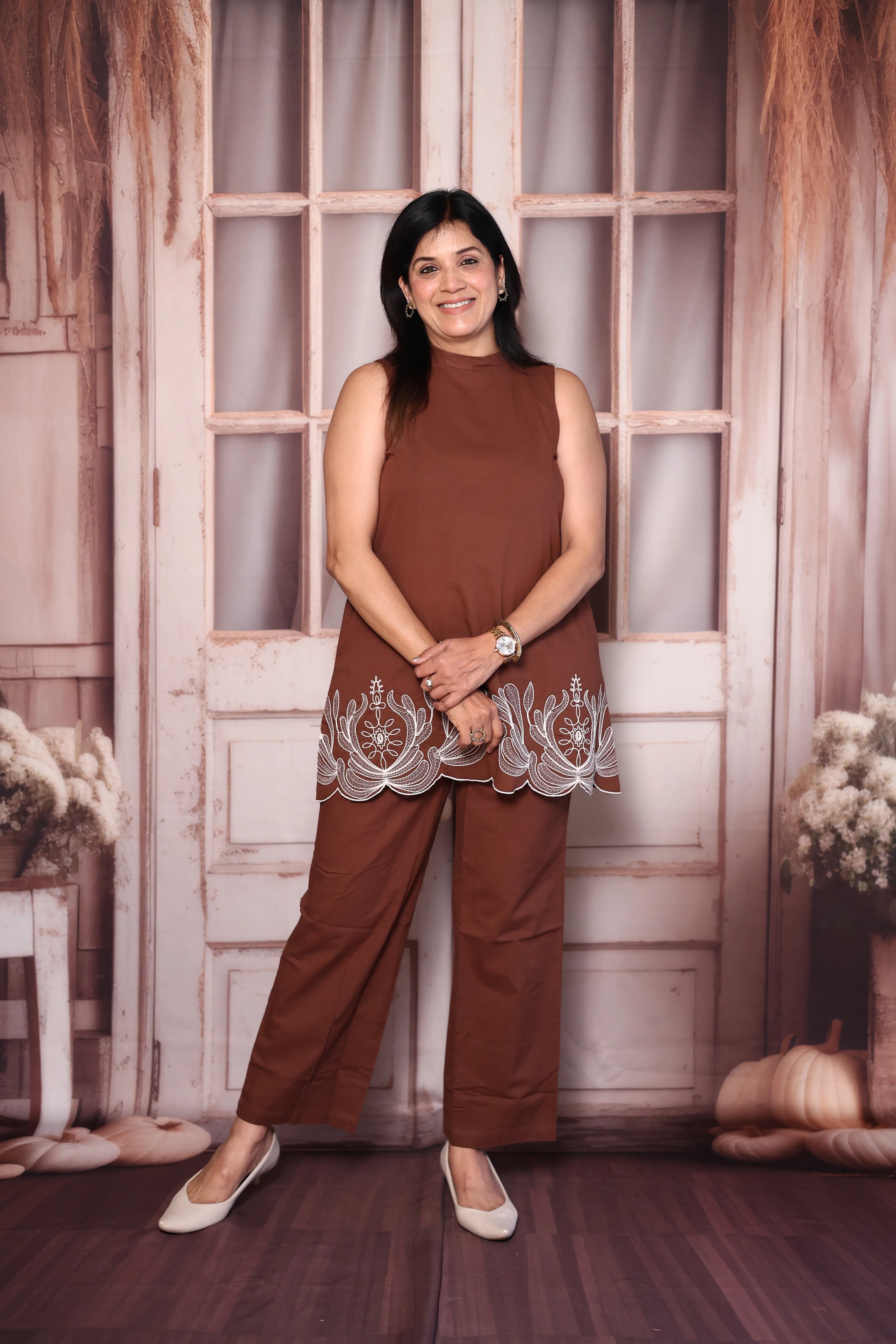 Burnt Brown Cutwork Sleeveless Cotton Co-Ord Set | Plus Size Available