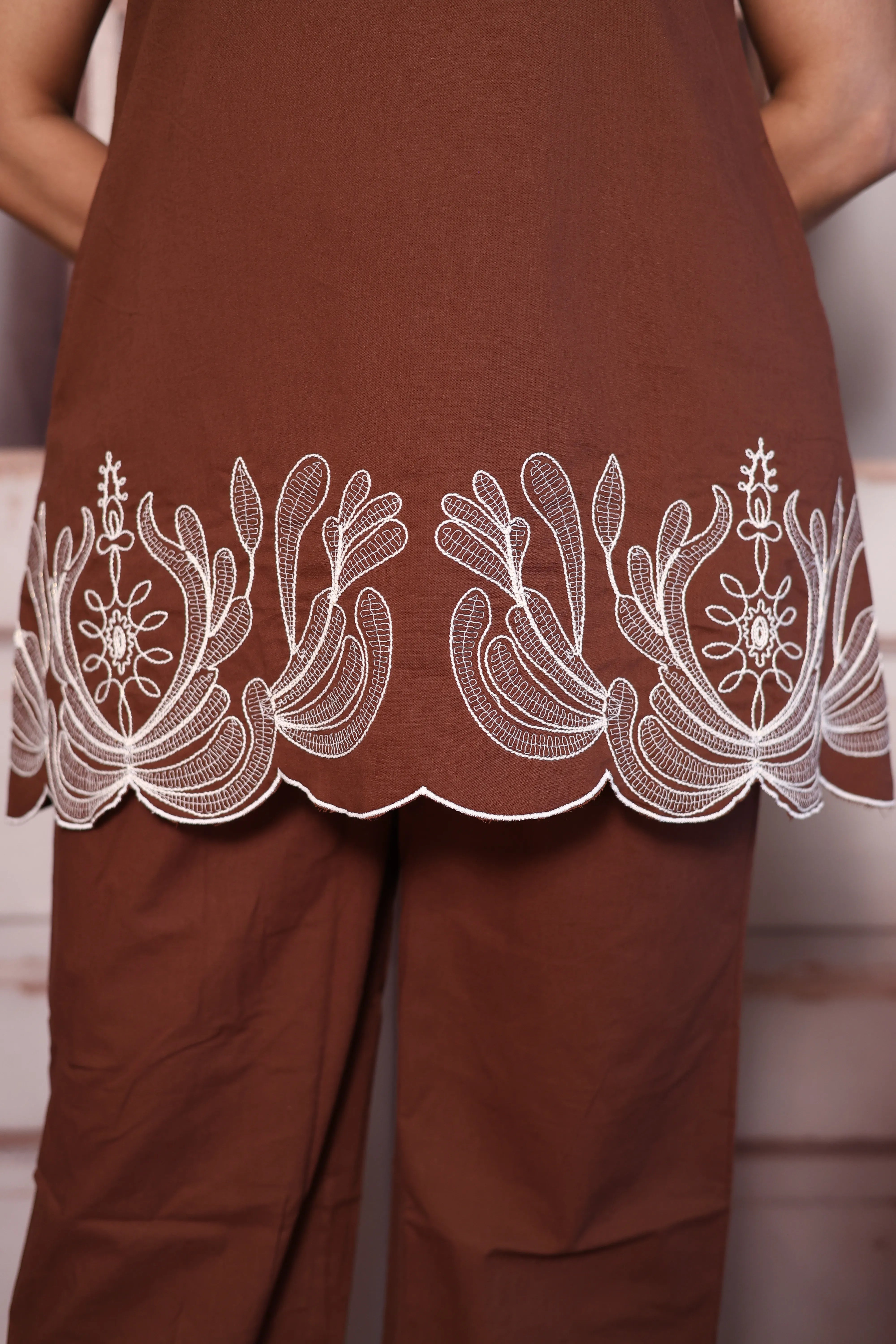 Burnt Brown Cutwork Sleeveless Cotton Co-Ord Set | Plus Size Available
