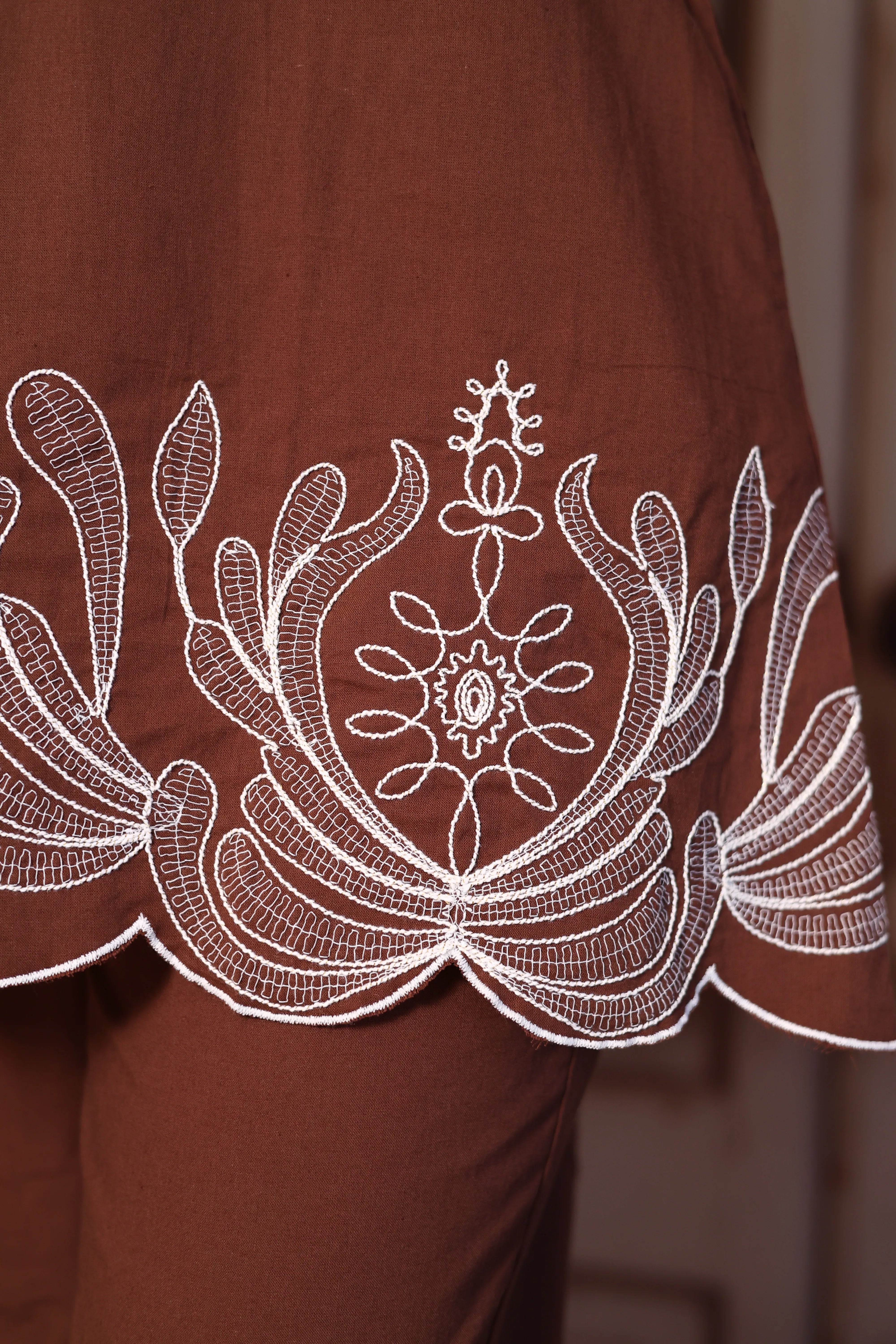 Burnt Brown Cutwork Sleeveless Cotton Co-Ord Set | Plus Size Available