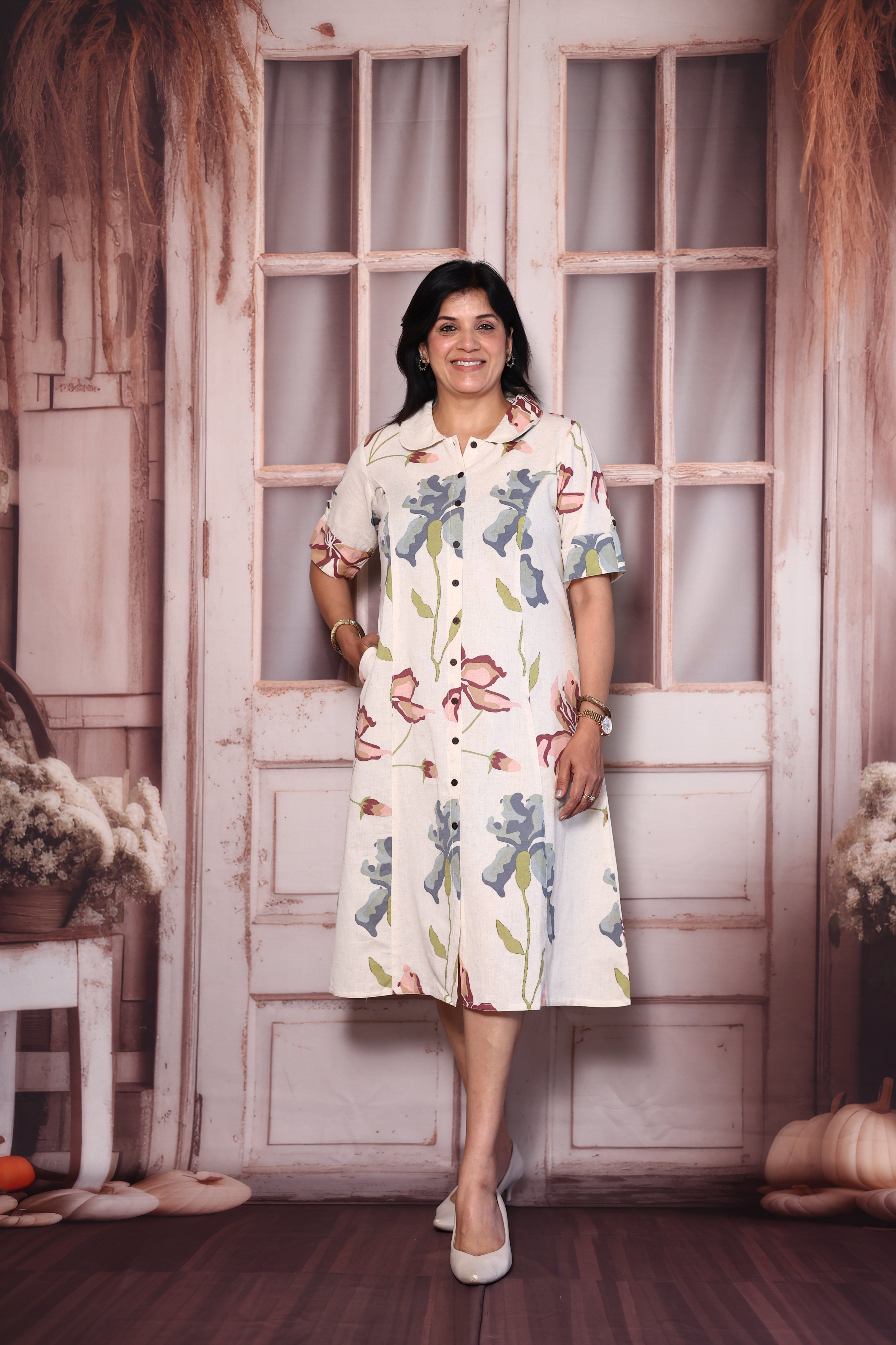 Cream Flex Cotton Floral Print One Piece | Collared Neck with Chikankari Embroidery Back