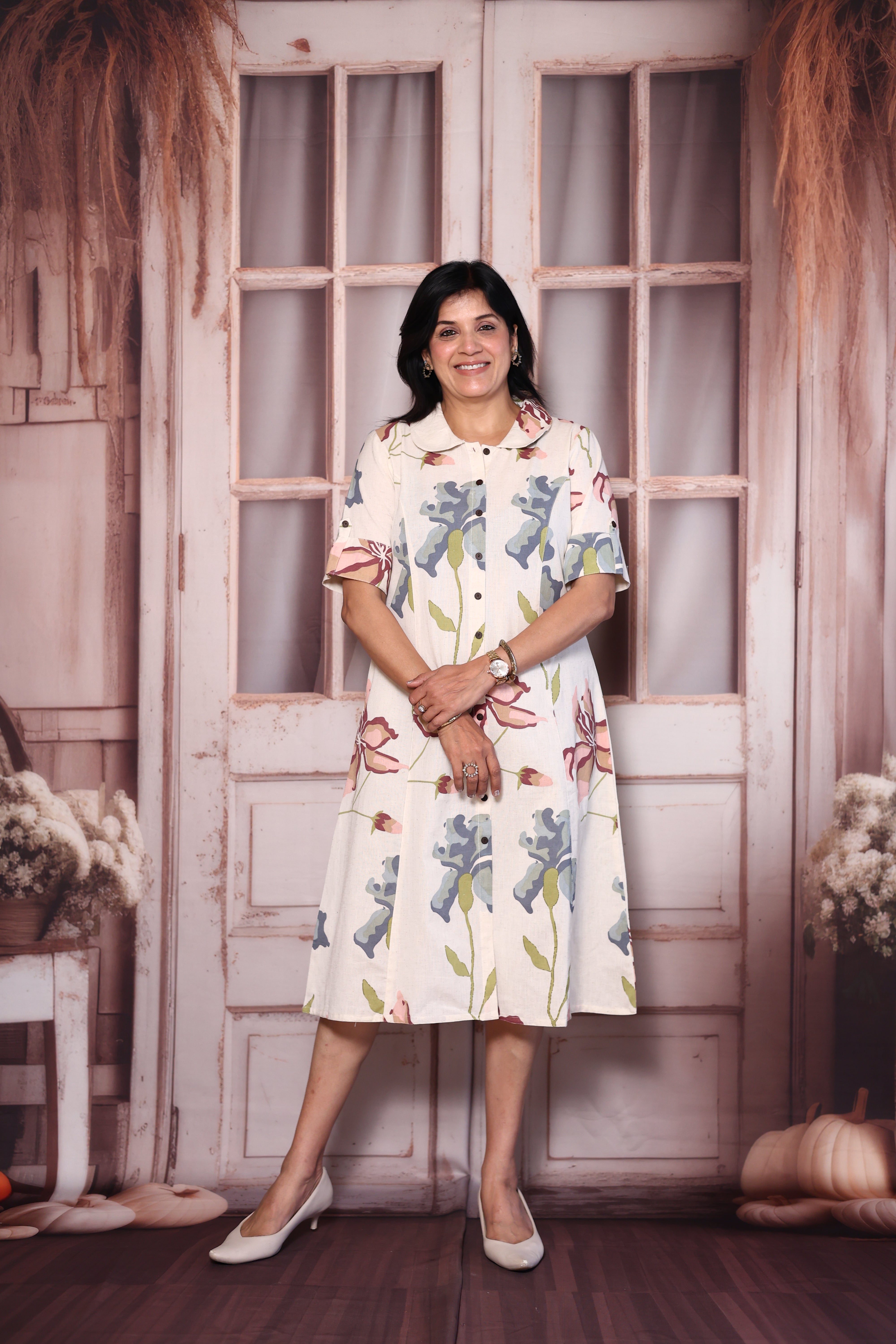 Cream Flex Cotton Floral Print One Piece | Collared Neck with Chikankari Embroidery Back