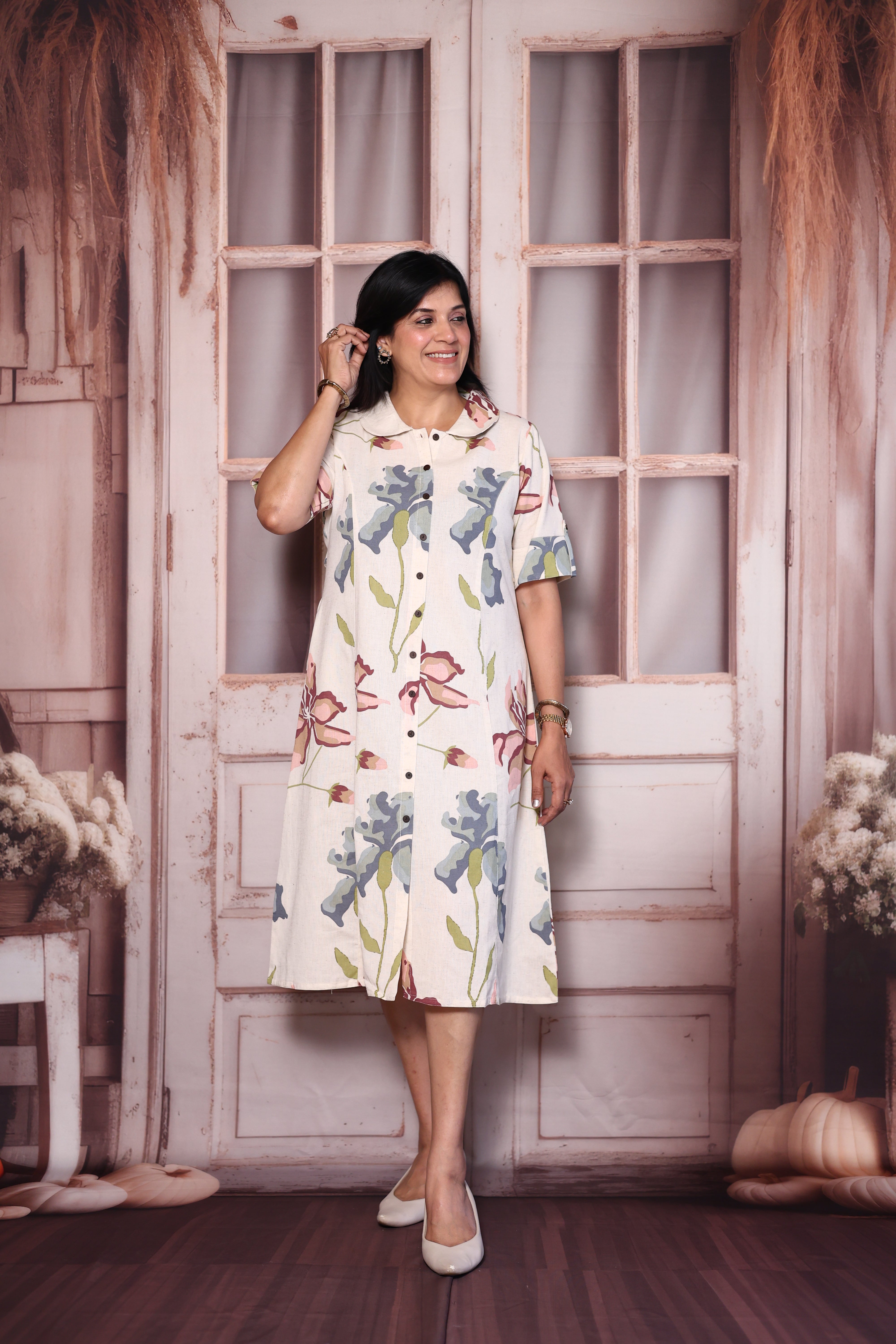 Cream Flex Cotton Floral Print One Piece | Collared Neck with Chikankari Embroidery Back