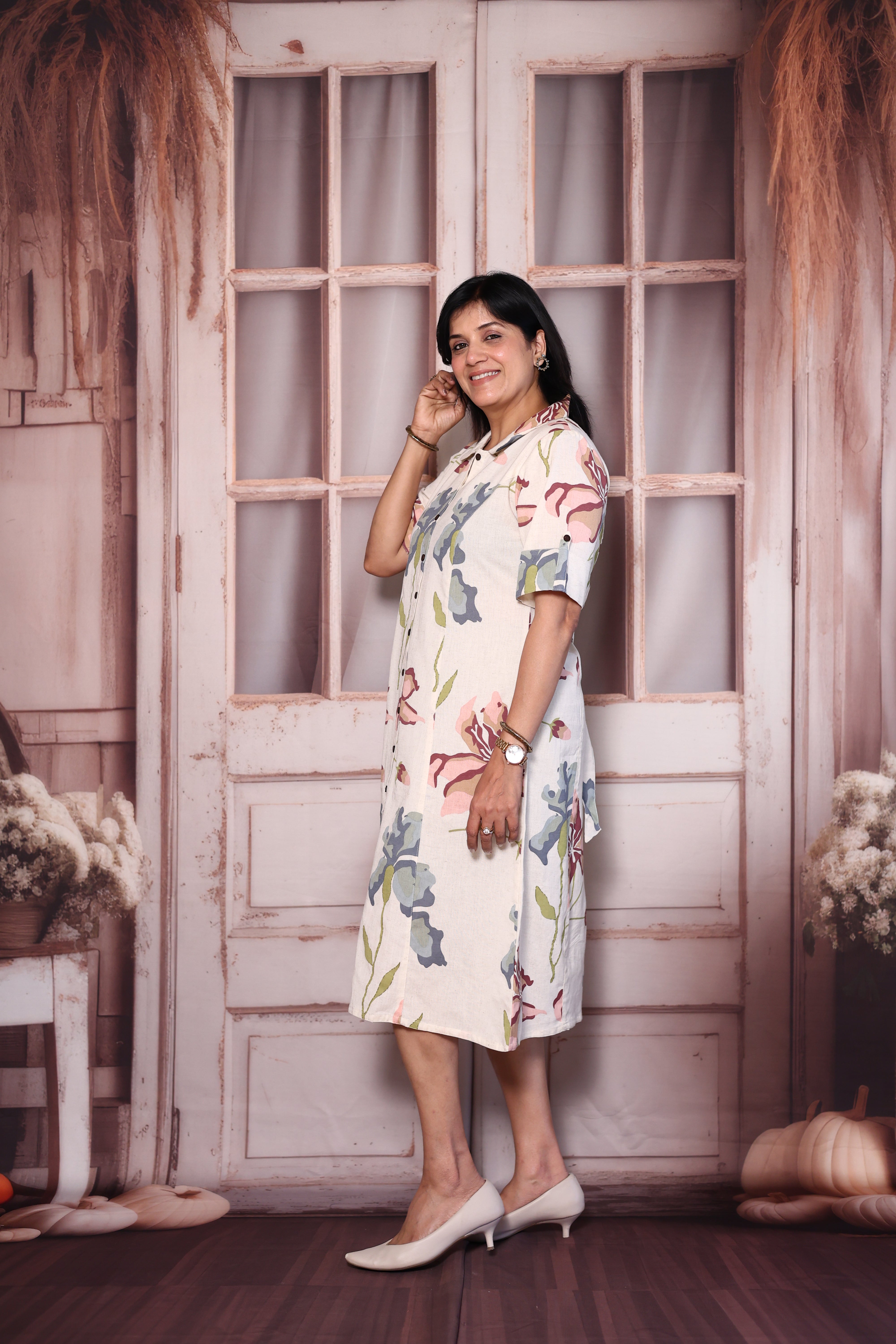 Cream Flex Cotton Floral Print One Piece | Collared Neck with Chikankari Embroidery Back