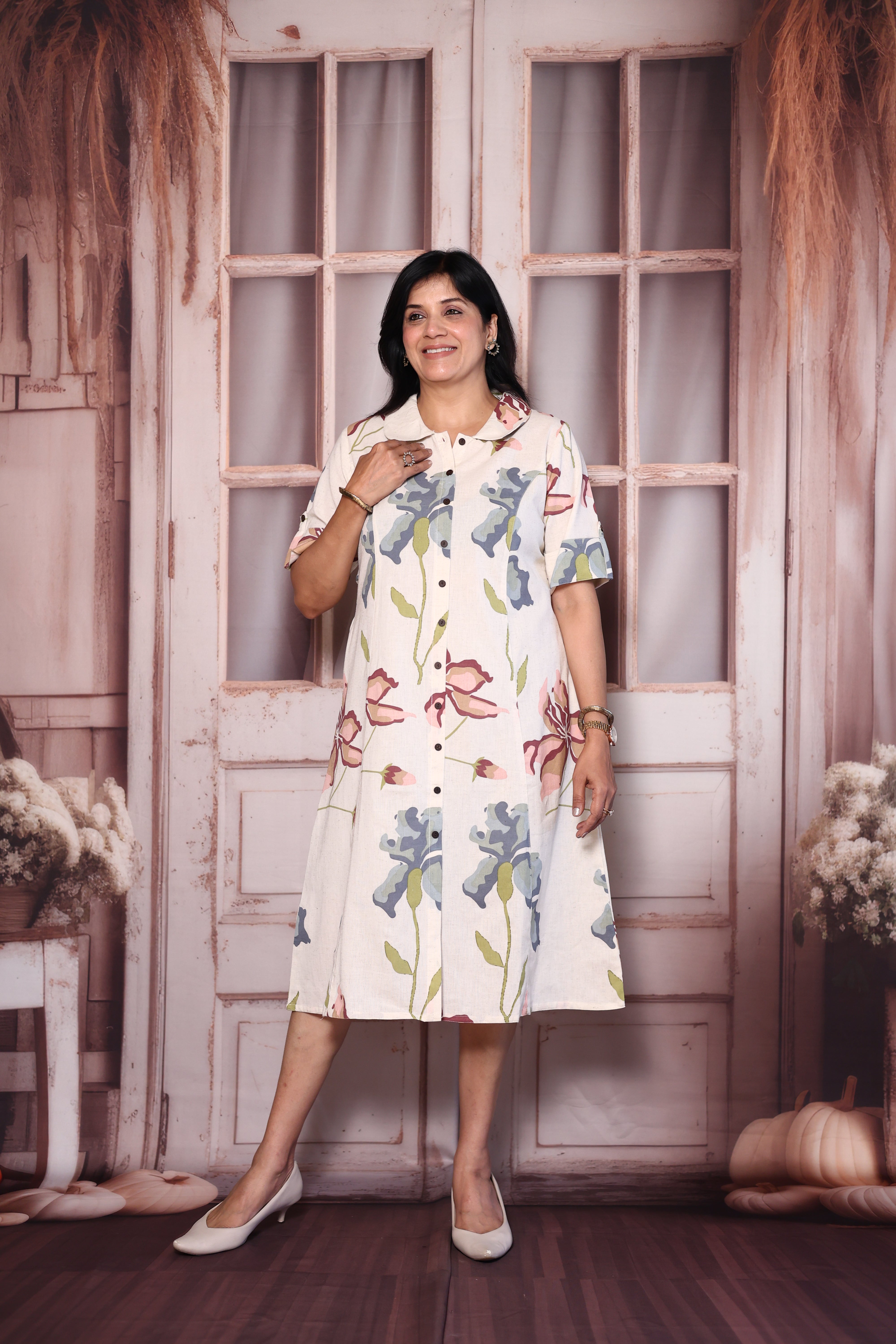 Cream Flex Cotton Floral Print One Piece | Collared Neck with Chikankari Embroidery Back