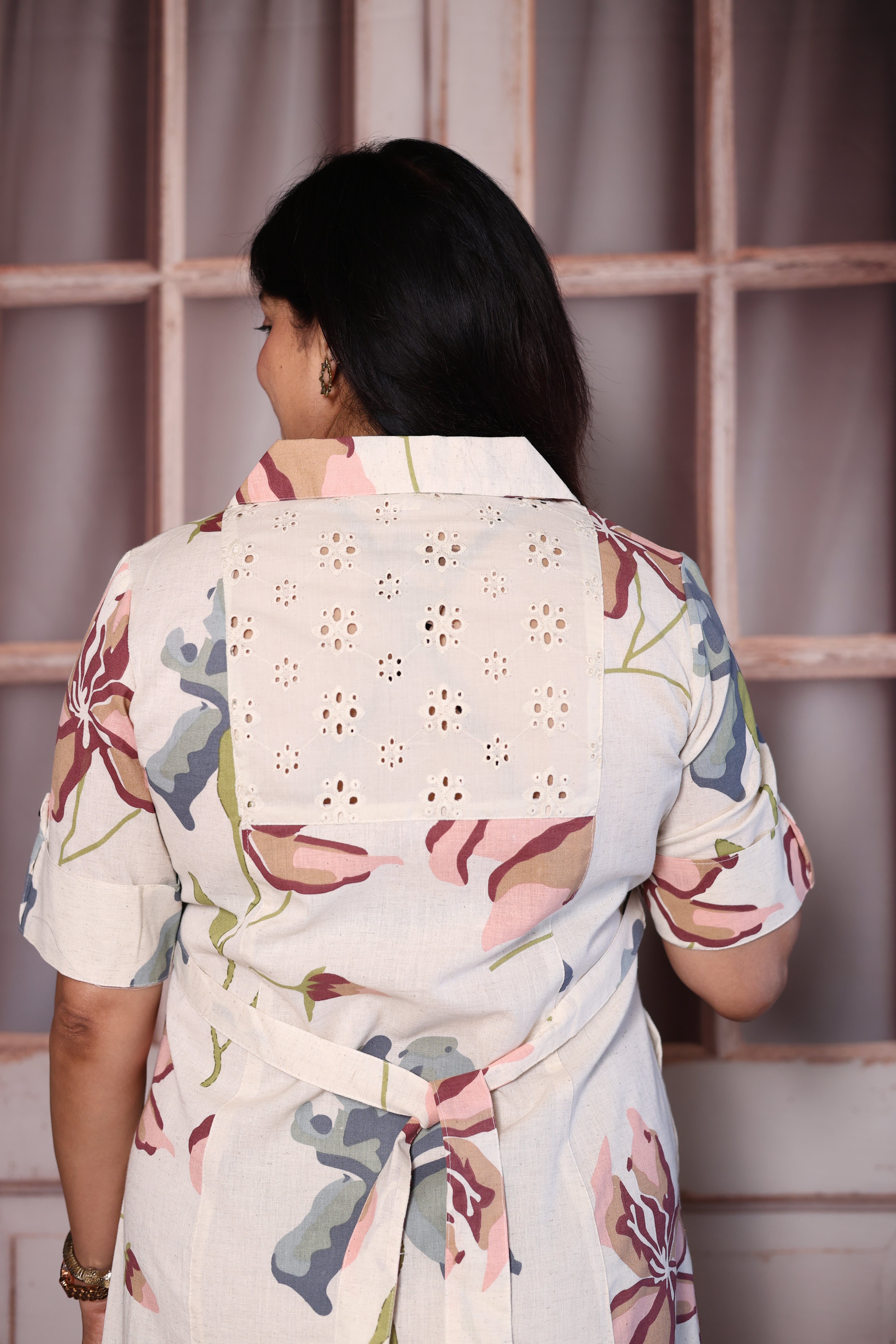 Cream Flex Cotton Floral Print One Piece | Collared Neck with Chikankari Embroidery Back