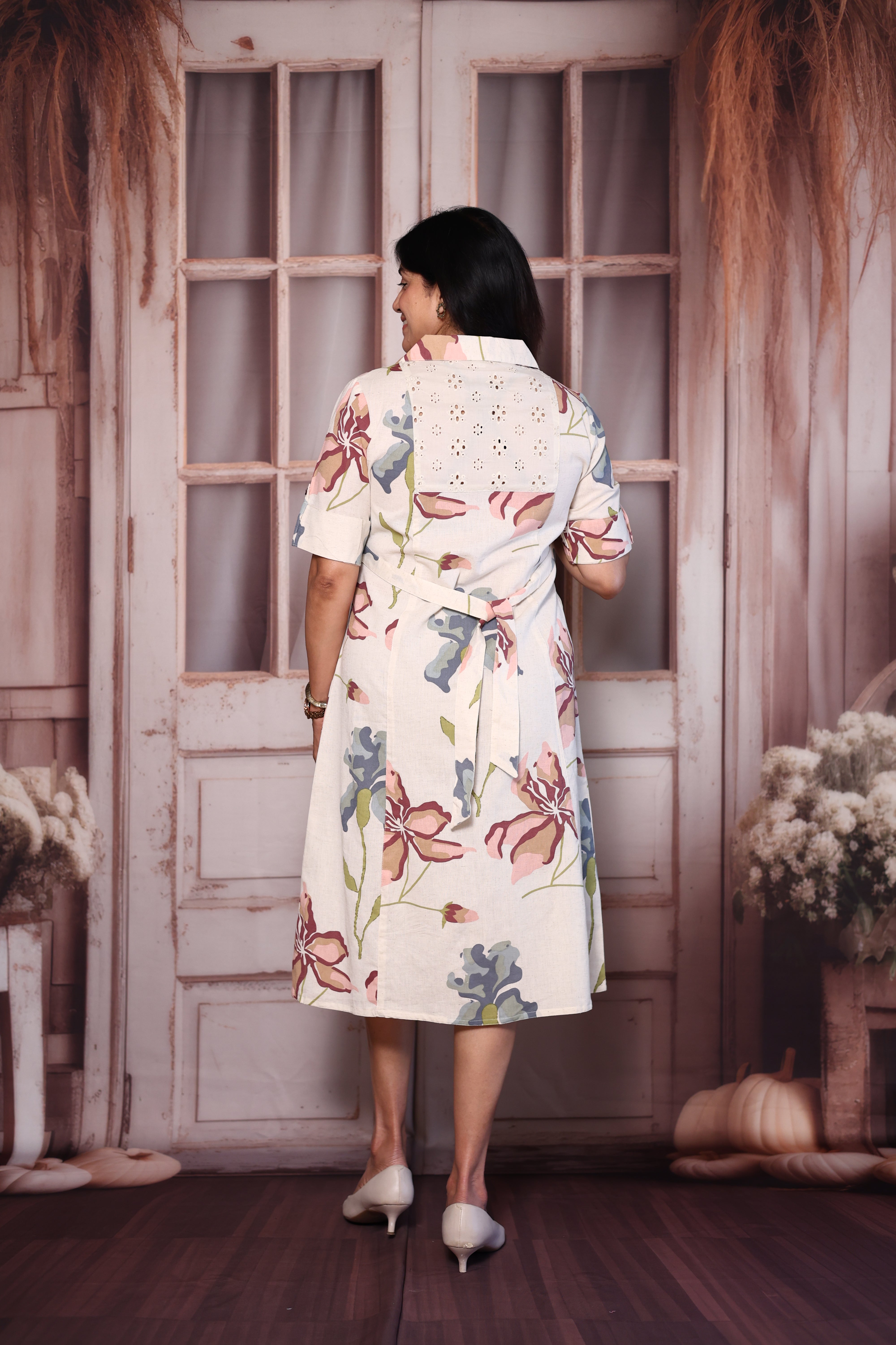 Cream Flex Cotton Floral Print One Piece | Collared Neck with Chikankari Embroidery Back