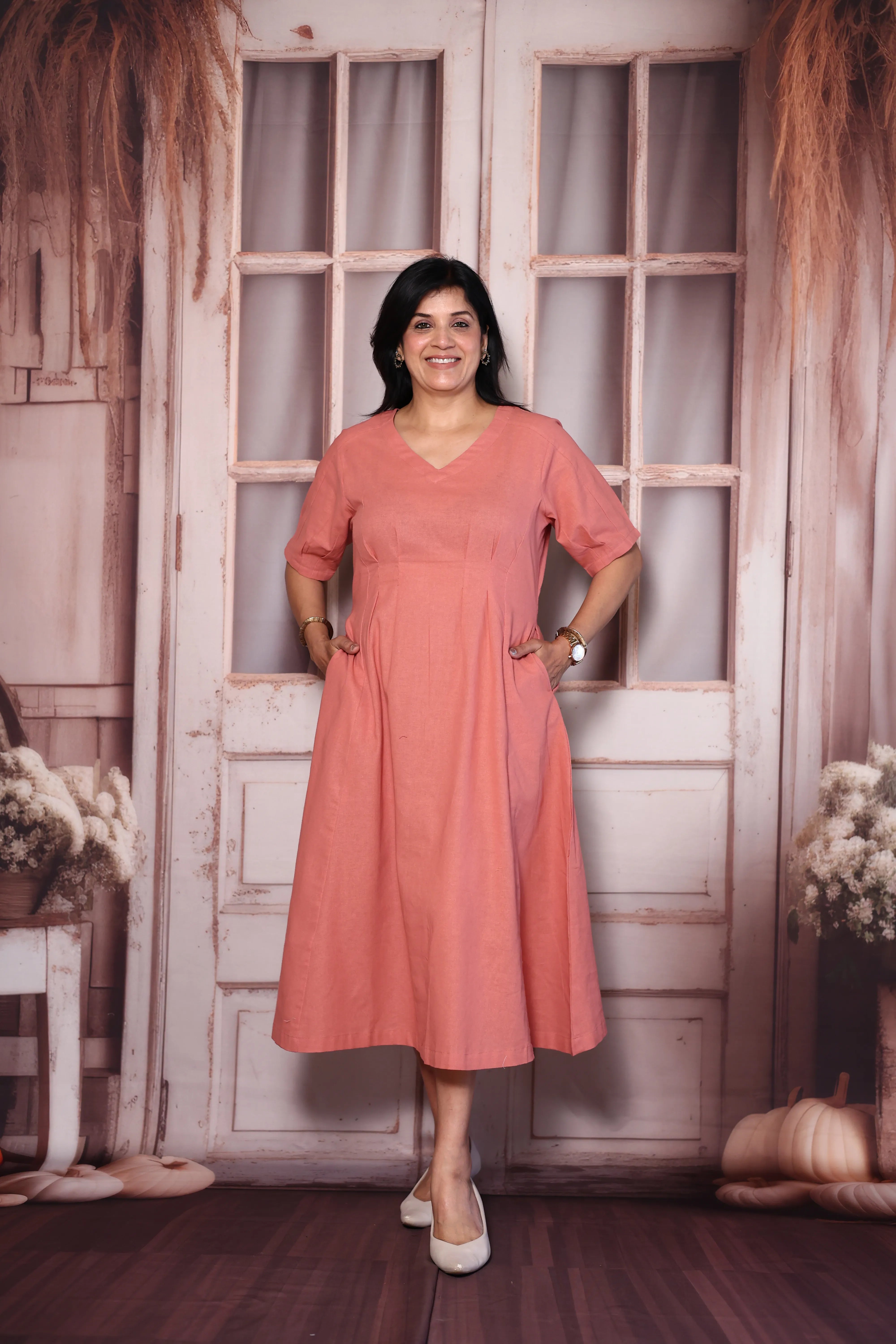 Gajari Pink Solid Cotton One Piece Dress | Minimal Everyday Wear
