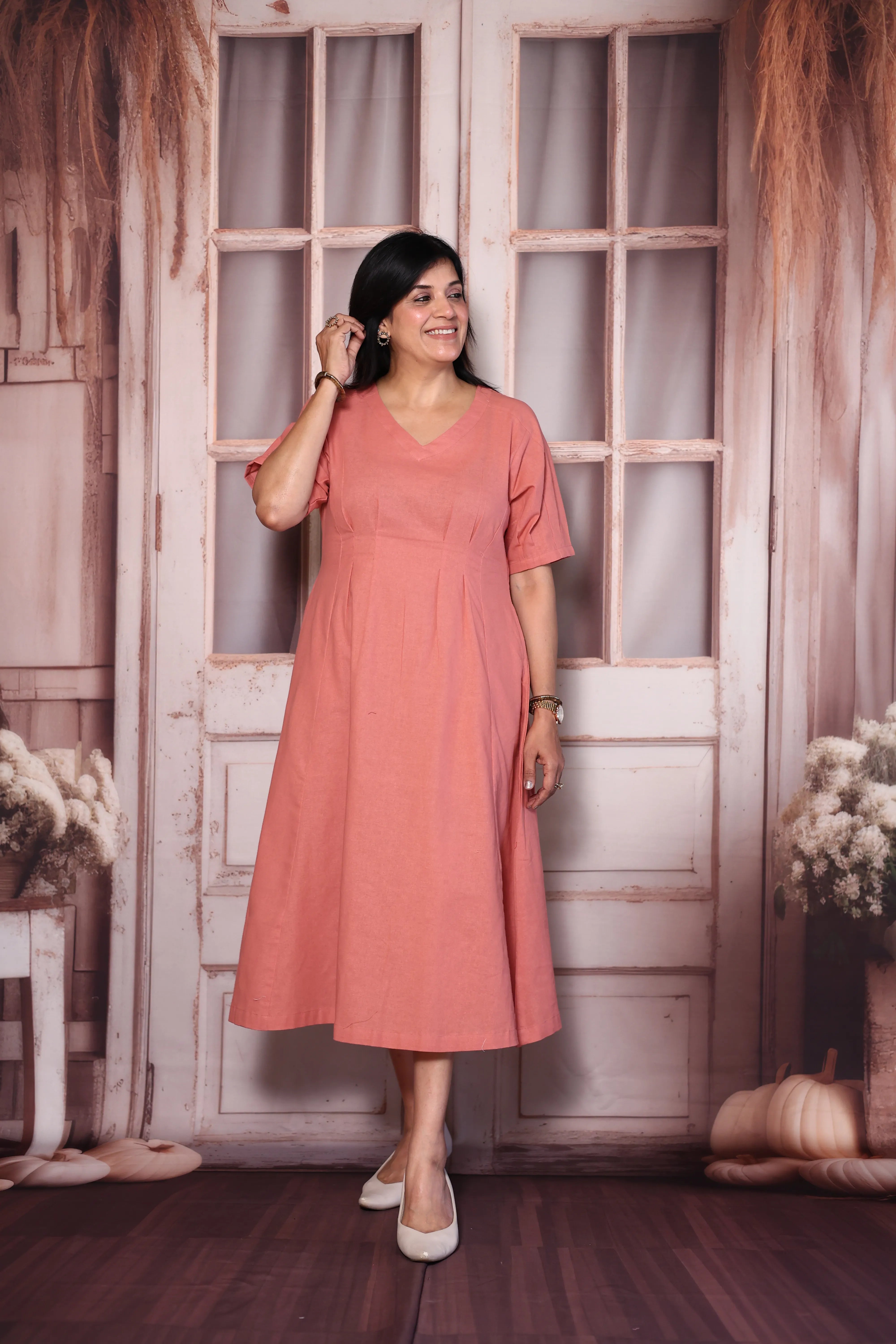 Gajari Pink Solid Cotton One Piece Dress | Minimal Everyday Wear
