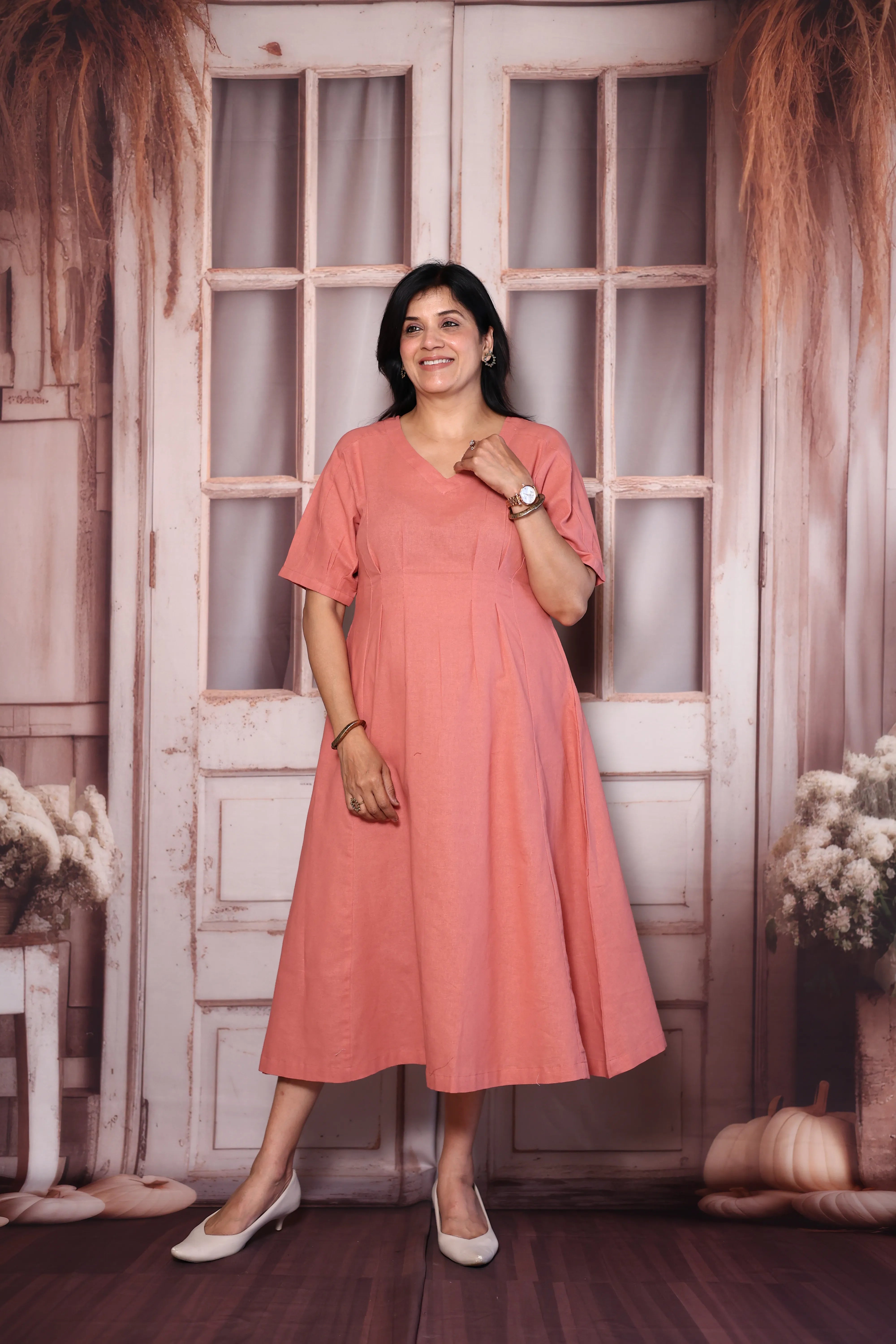 Gajari Pink Solid Cotton One Piece Dress | Minimal Everyday Wear