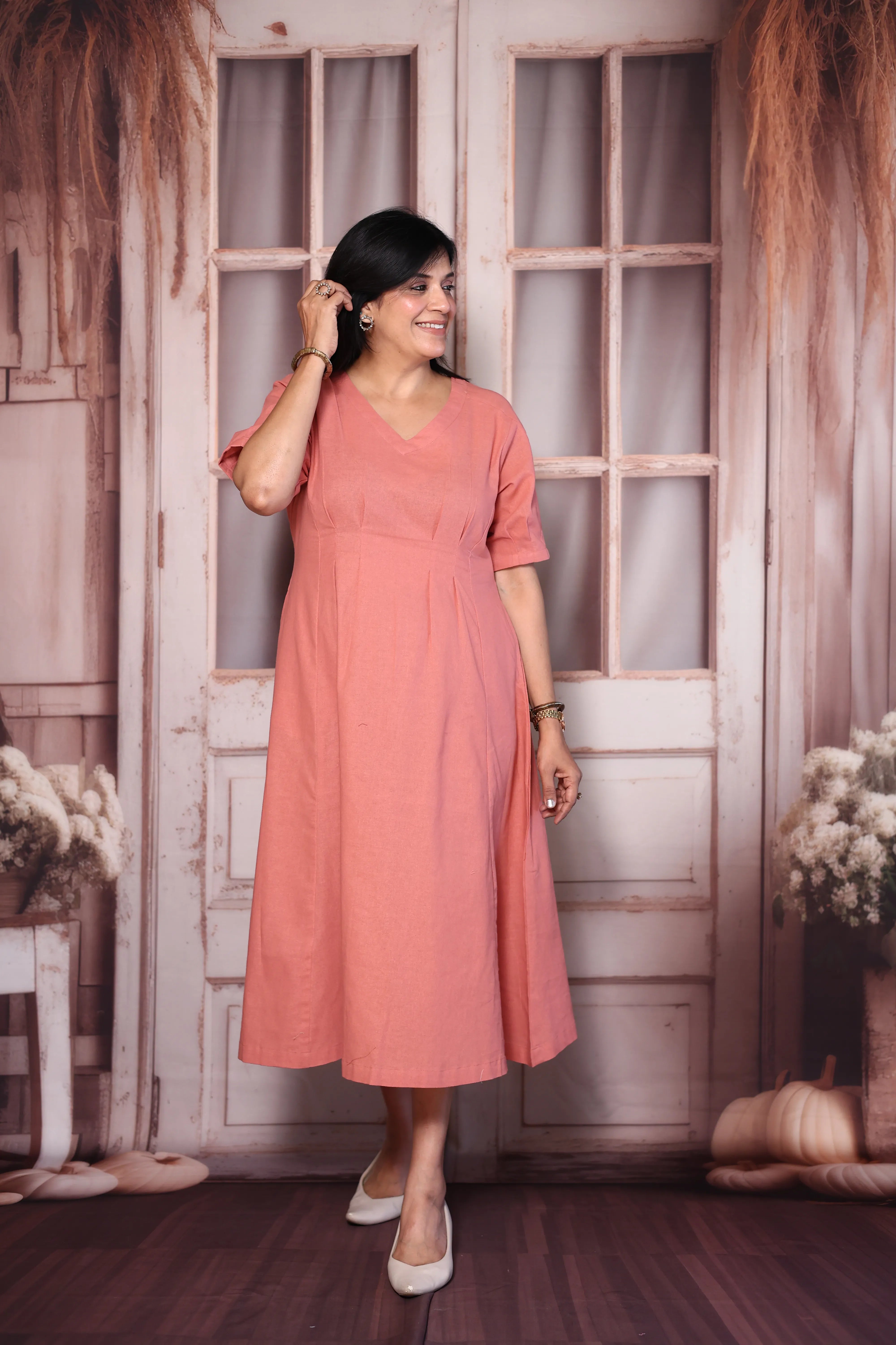 Gajari Pink Solid Cotton One Piece Dress | Minimal Everyday Wear