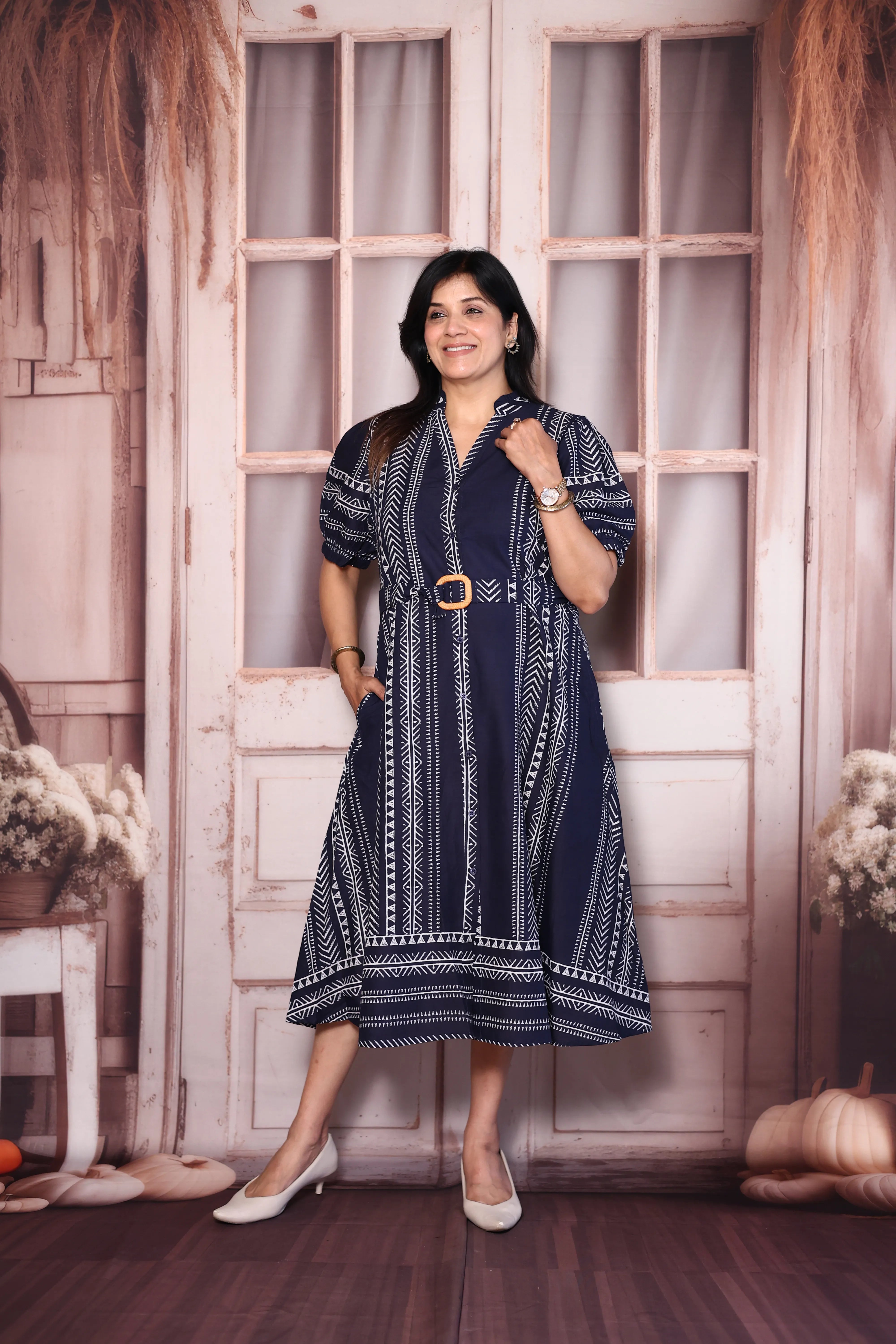 Navy Blue Printed Cotton One Piece Dress with Belt | Stylish Everyday Wear