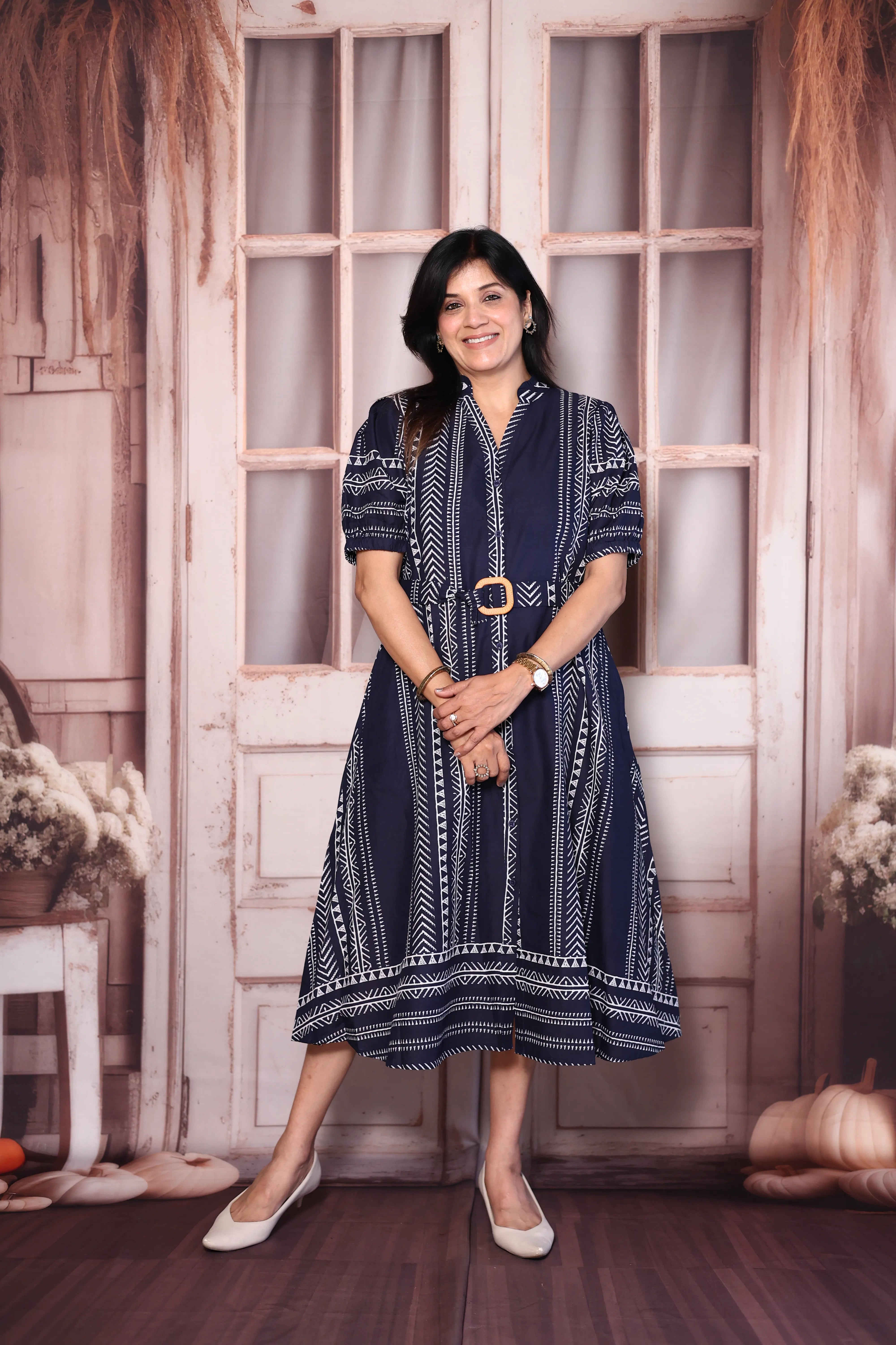 Navy Blue Printed Cotton One Piece Dress with Belt | Stylish Everyday Wear