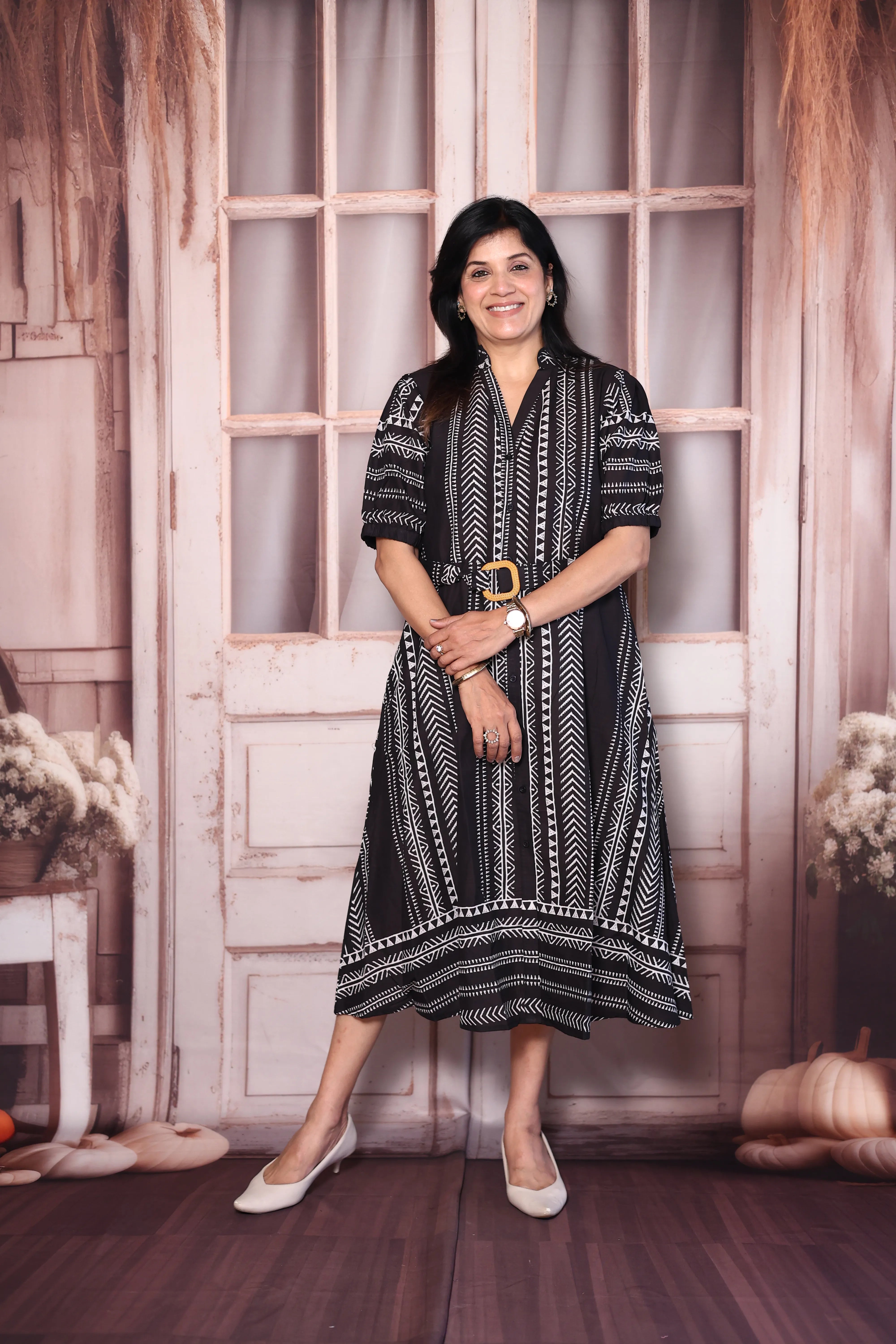Black Printed Cotton One Piece Dress with Belt | Stylish Everyday Wear