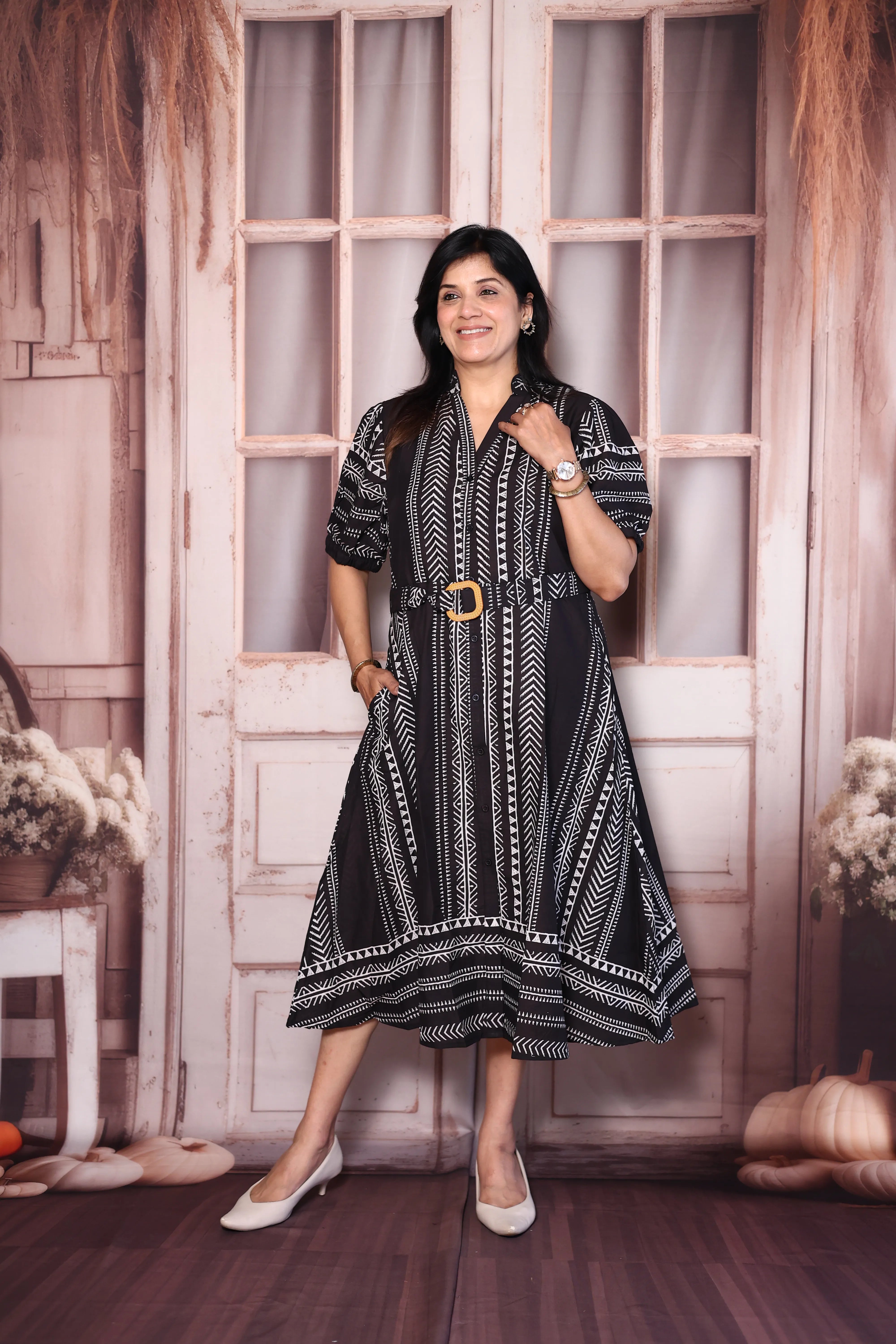 Black Printed Cotton One Piece Dress with Belt | Stylish Everyday Wear