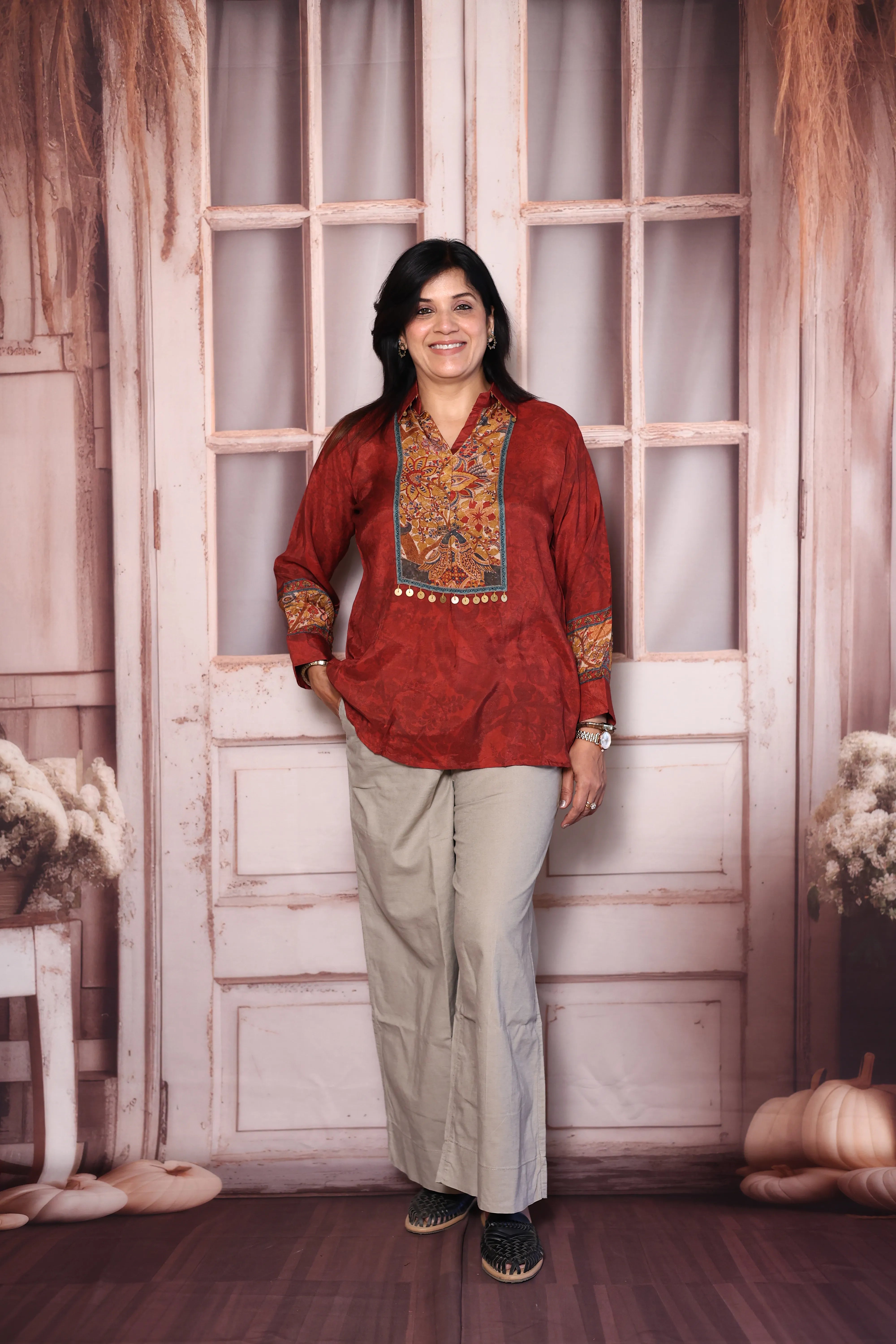 Maroon Gamthi Print Premium Crepe  Collared Shirt Tunic | Elegant Ethnic Fusion Wear