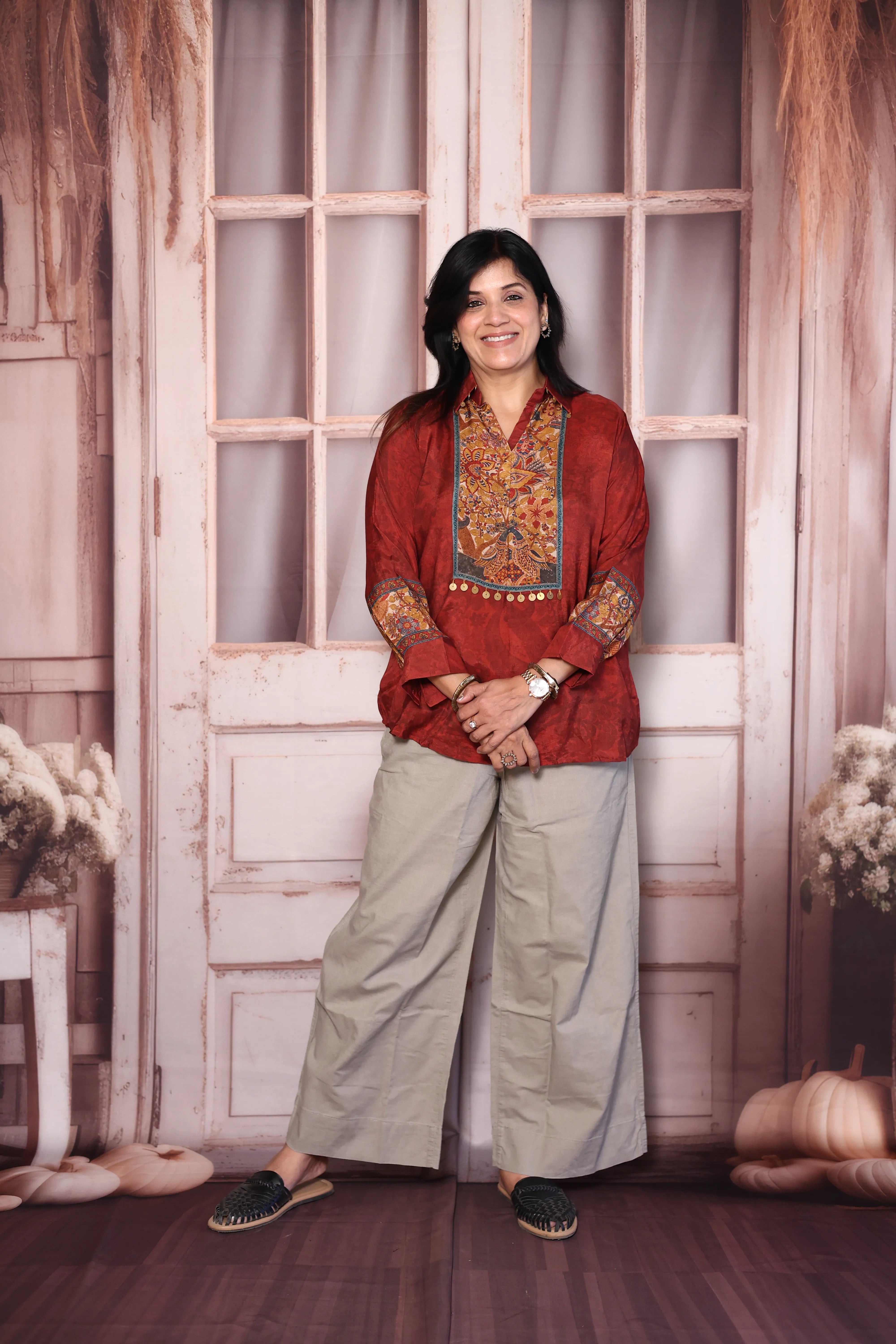 Maroon Gamthi Print Premium Crepe  Collared Shirt Tunic | Elegant Ethnic Fusion Wear