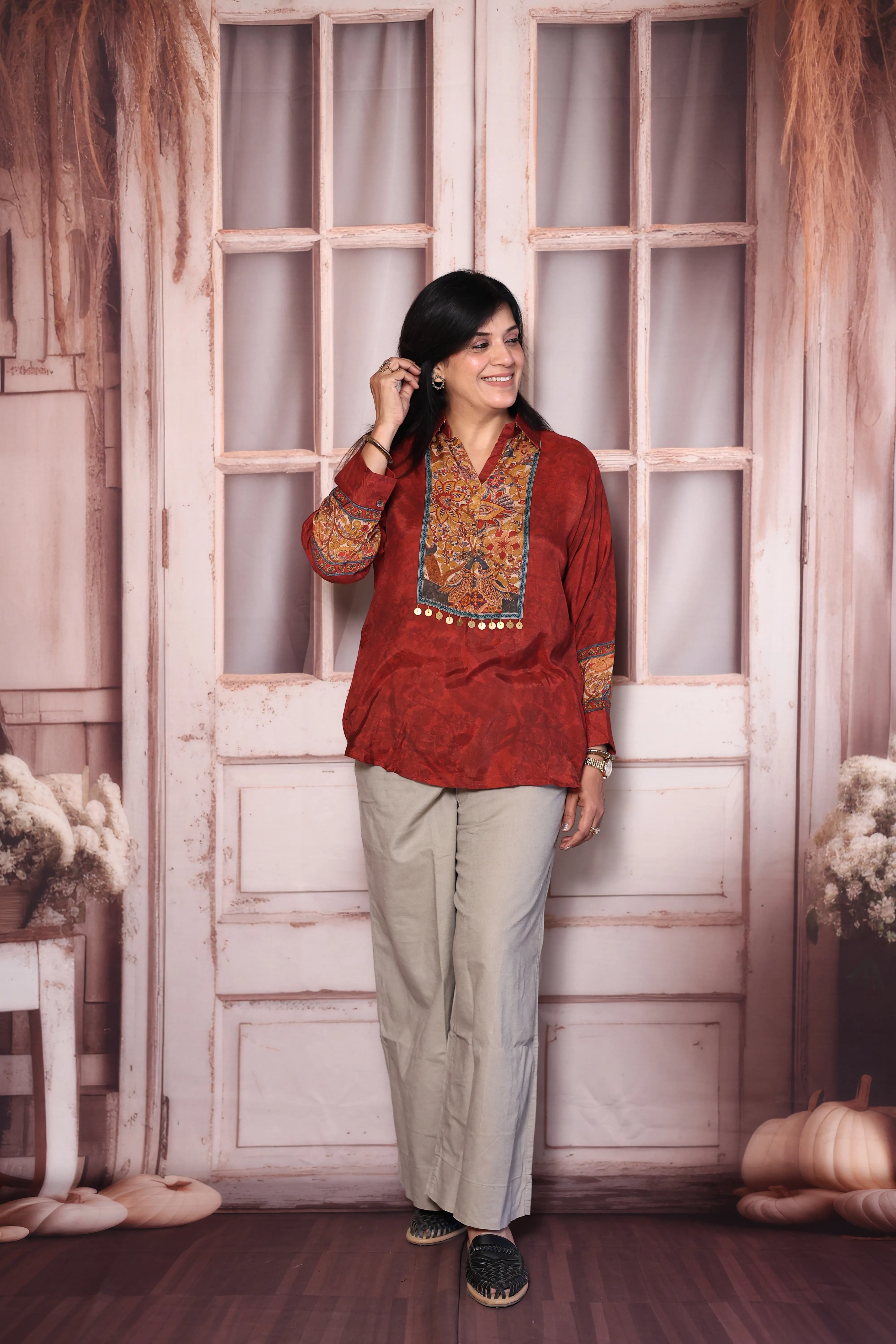 Maroon Gamthi Print Premium Crepe  Collared Shirt Tunic | Elegant Ethnic Fusion Wear