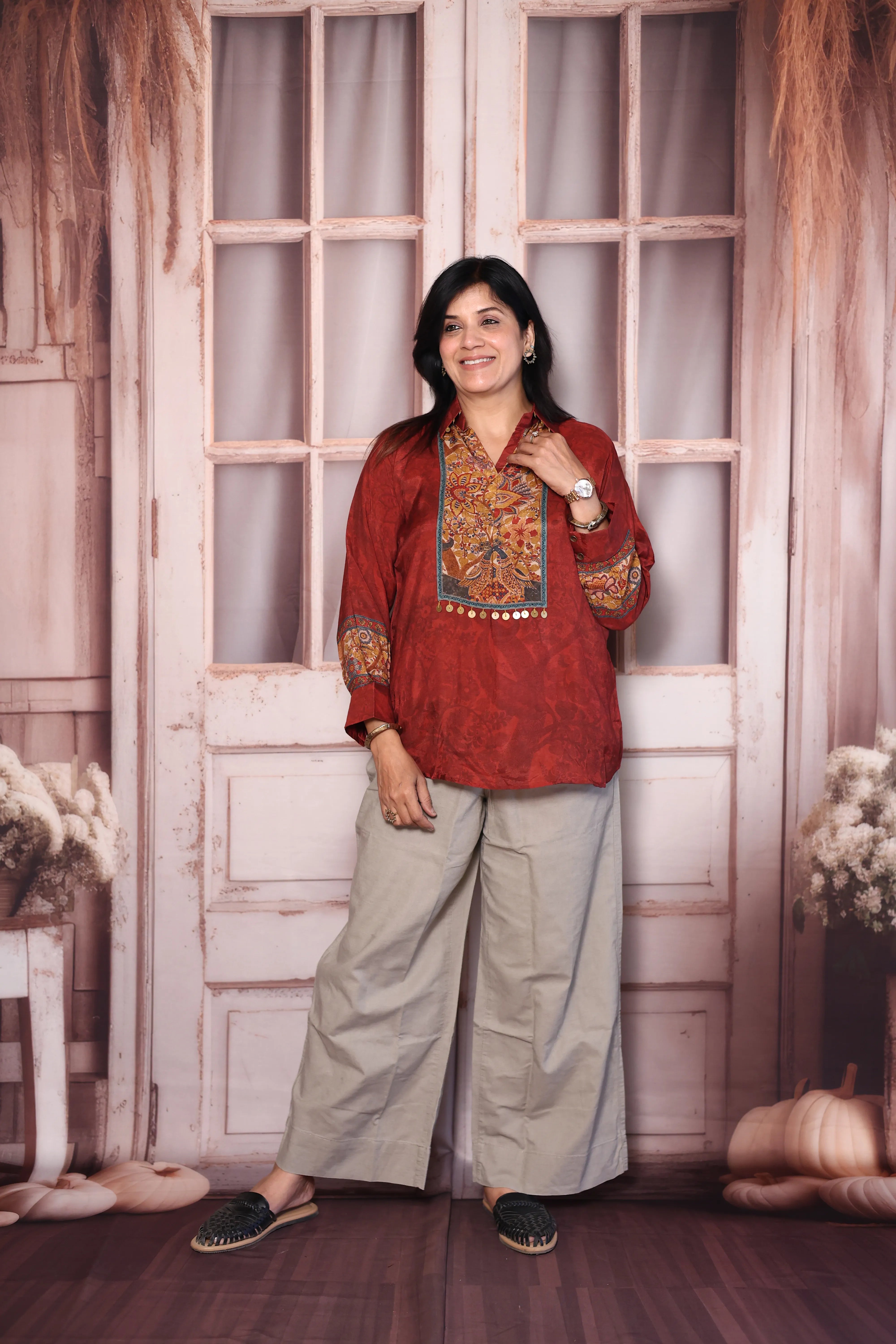 Maroon Gamthi Print Premium Crepe  Collared Shirt Tunic | Elegant Ethnic Fusion Wear