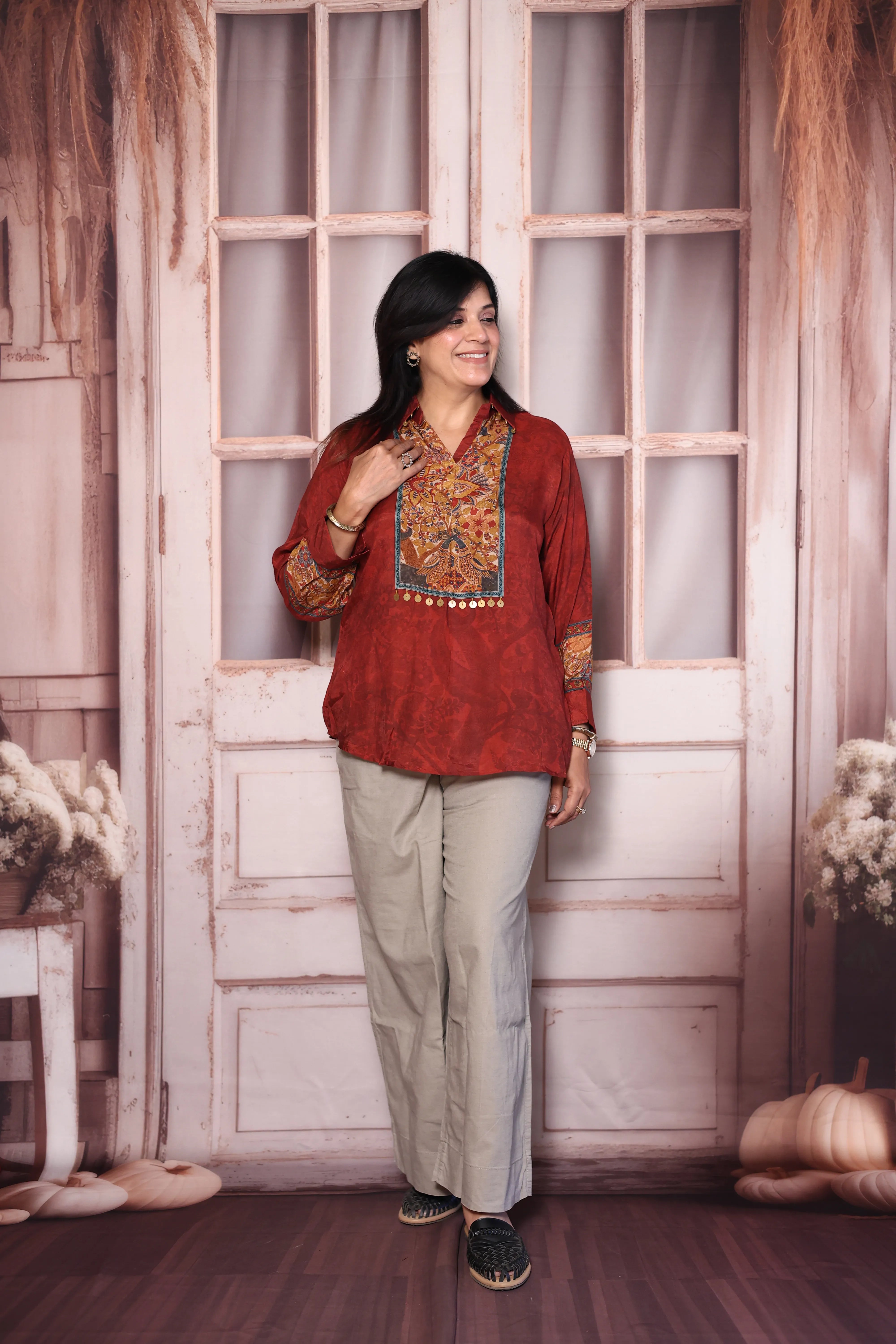 Maroon Gamthi Print Premium Crepe  Collared Shirt Tunic | Elegant Ethnic Fusion Wear