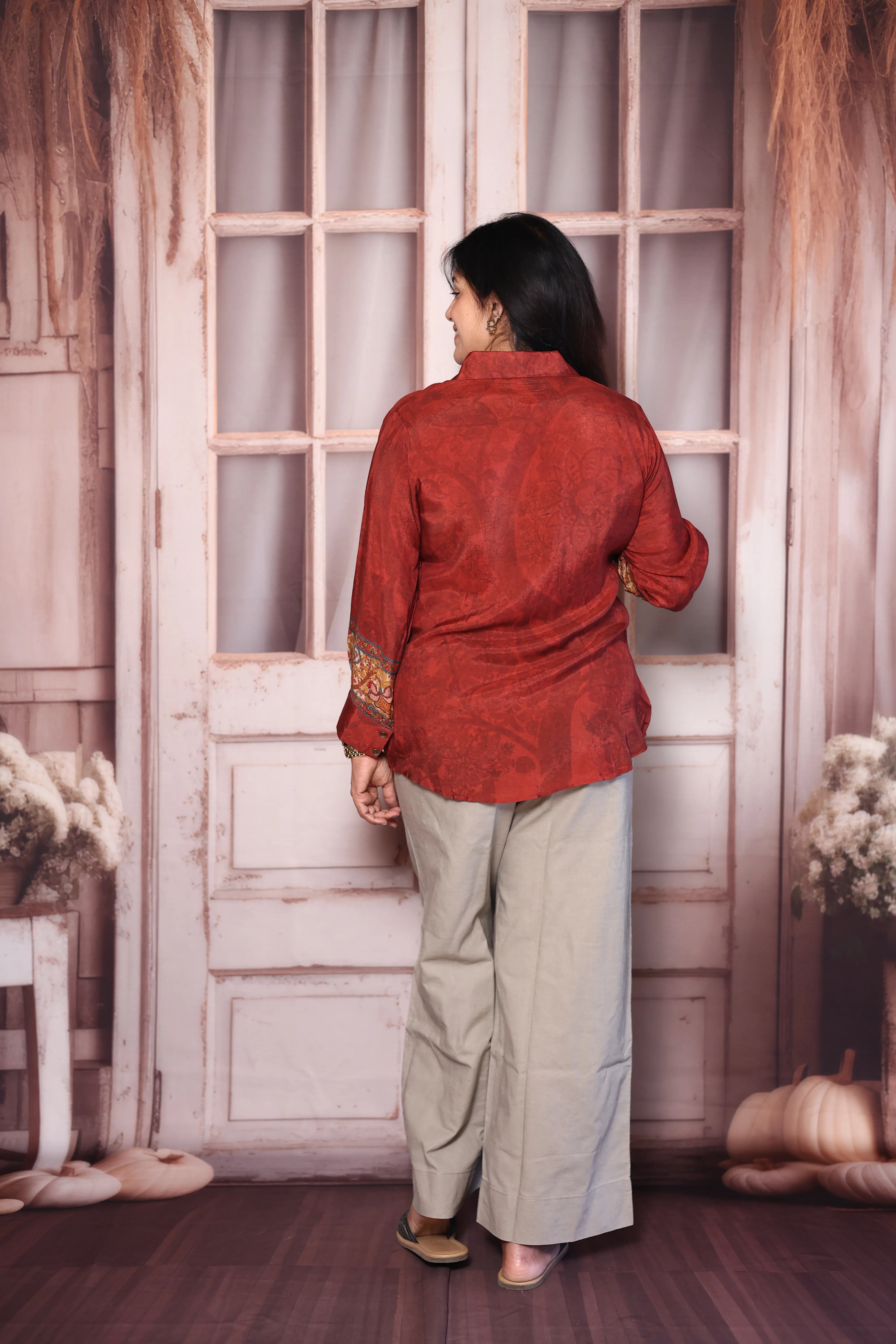 Maroon Gamthi Print Premium Crepe  Collared Shirt Tunic | Elegant Ethnic Fusion Wear