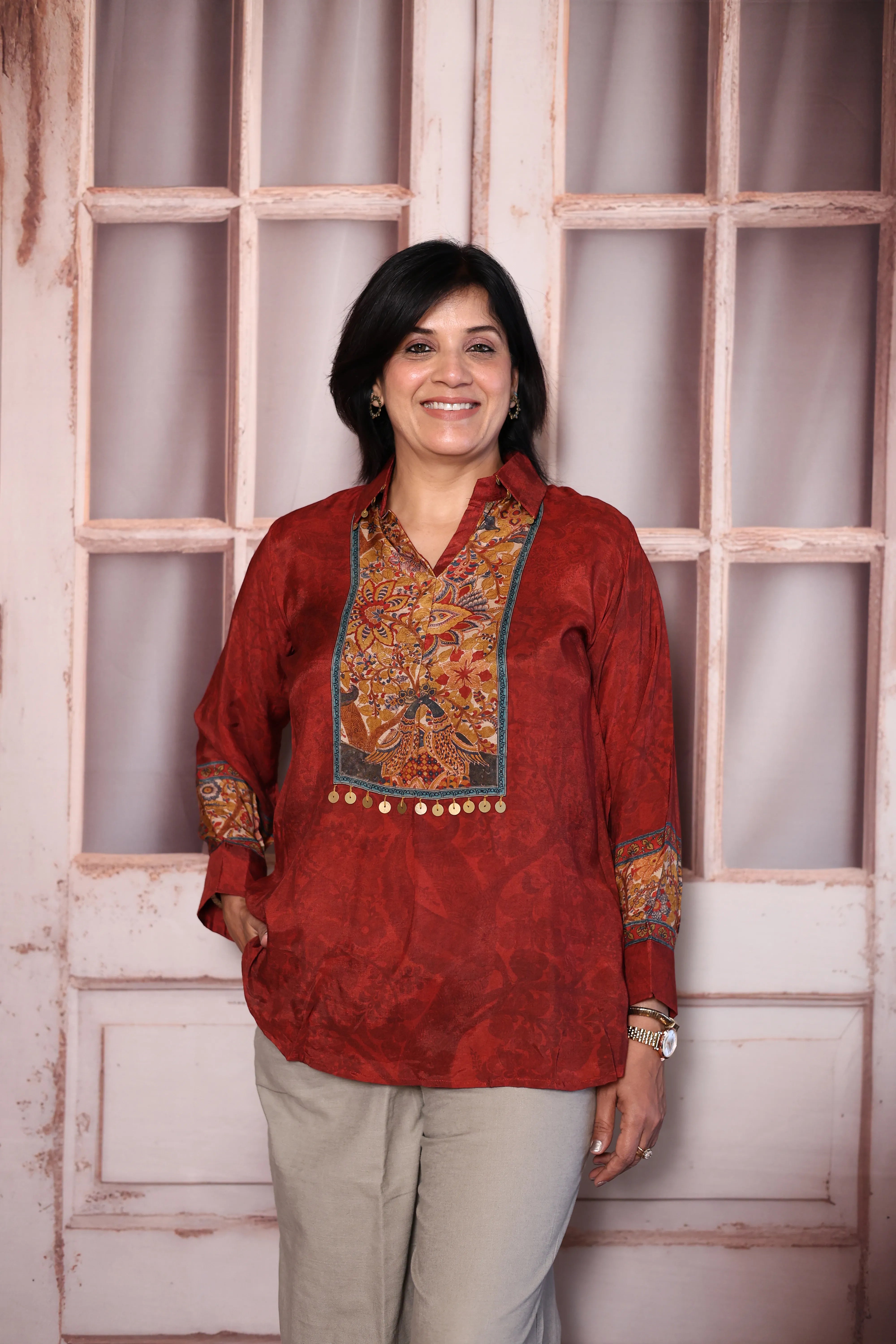 Maroon Gamthi Print Premium Crepe  Collared Shirt Tunic | Elegant Ethnic Fusion Wear