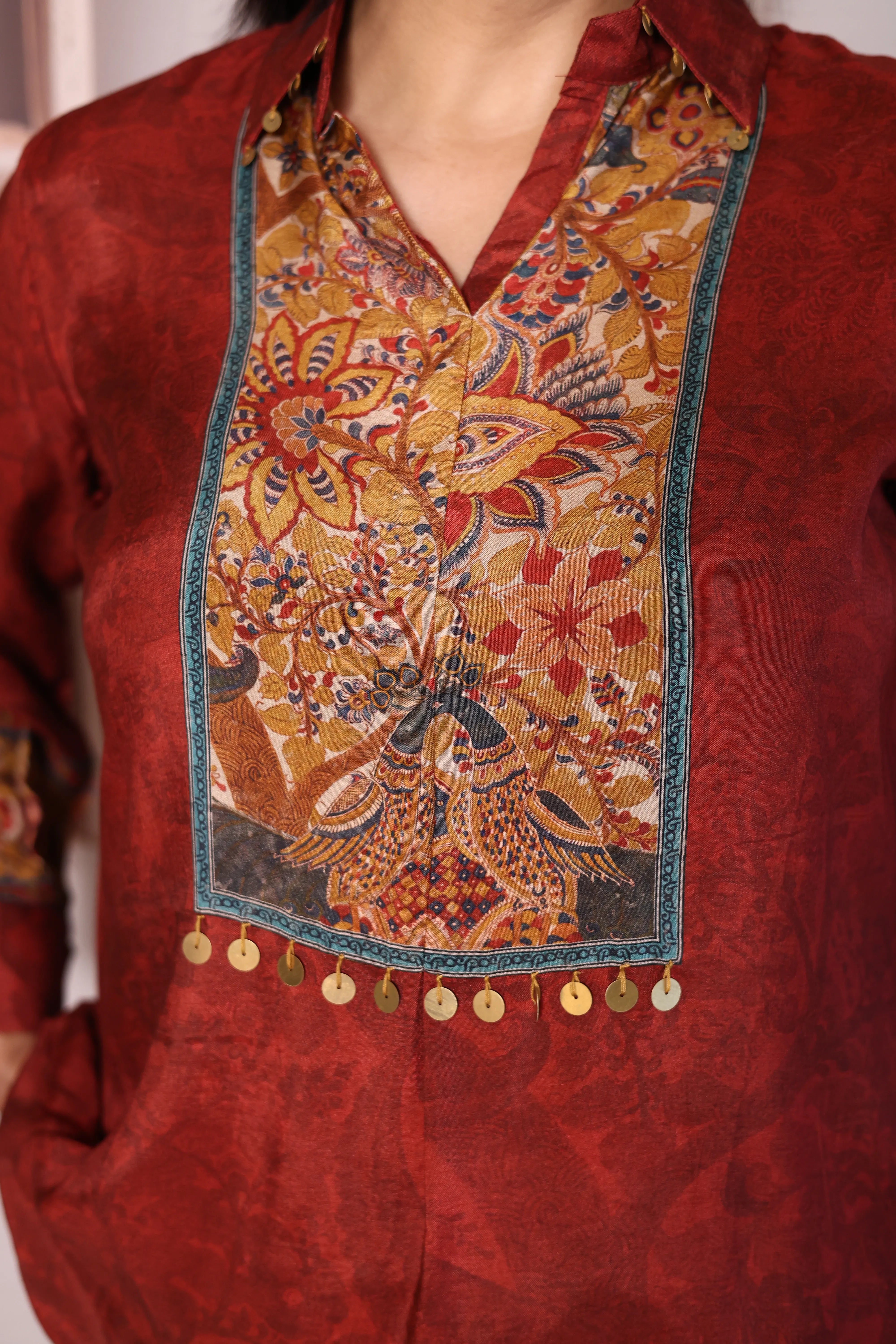 Maroon Gamthi Print Premium Crepe  Collared Shirt Tunic | Elegant Ethnic Fusion Wear