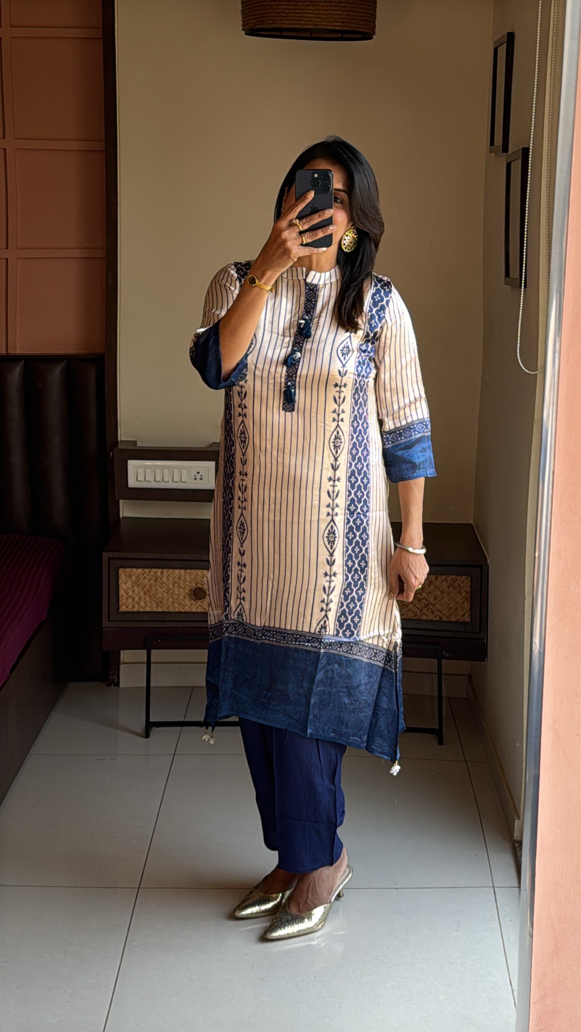 Beige & Blue A-Line Printed Kurta Pant Set with Pearl & Cowrie Shell Tassel Work | Gaji Silk