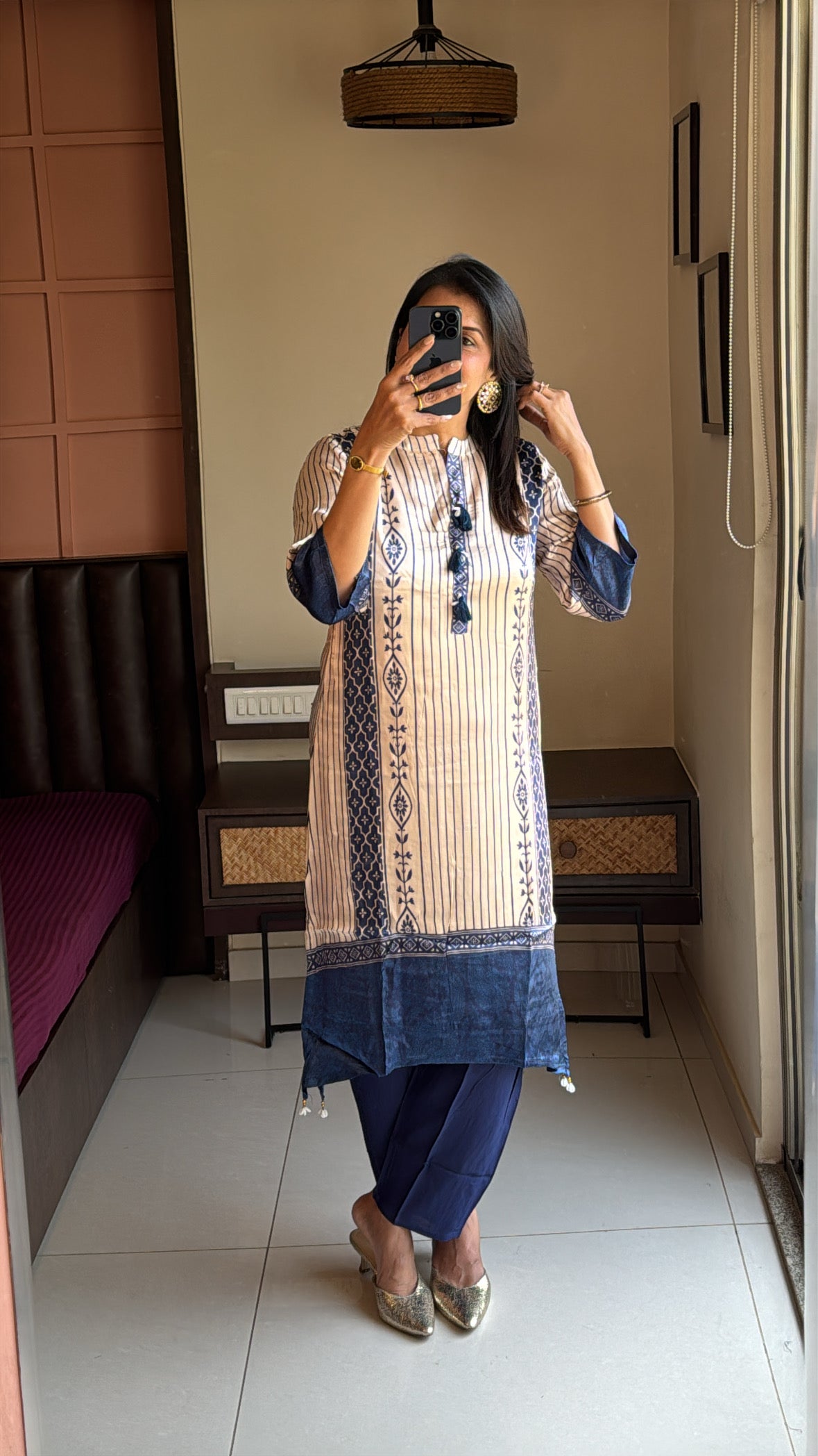 Beige & Blue A-Line Printed Kurta Pant Set with Pearl & Cowrie Shell Tassel Work | Gaji Silk
