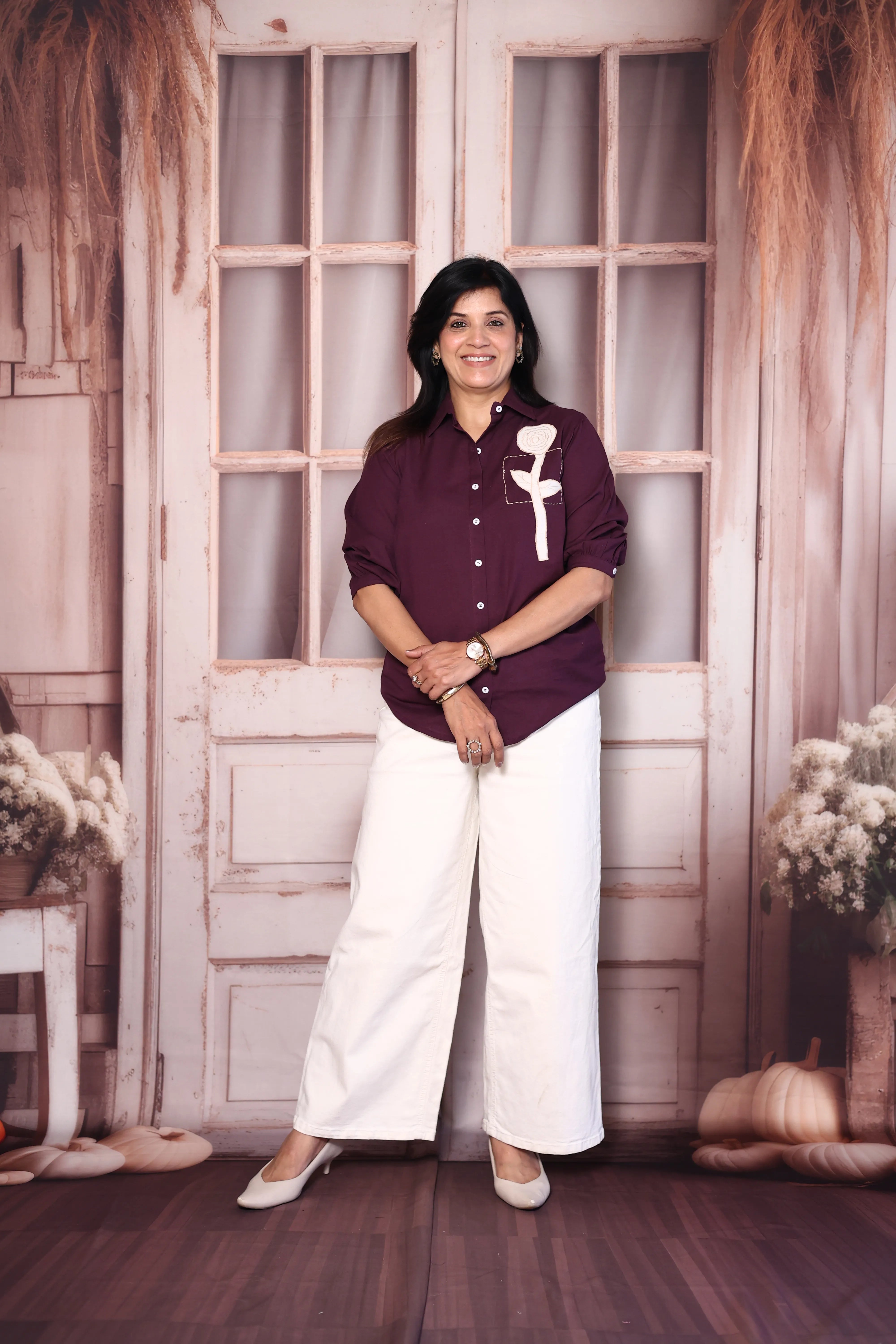 Dark Purple Cotton Collared Shirt with Patchwork Thread Embroidery | Everyday Smart Wear