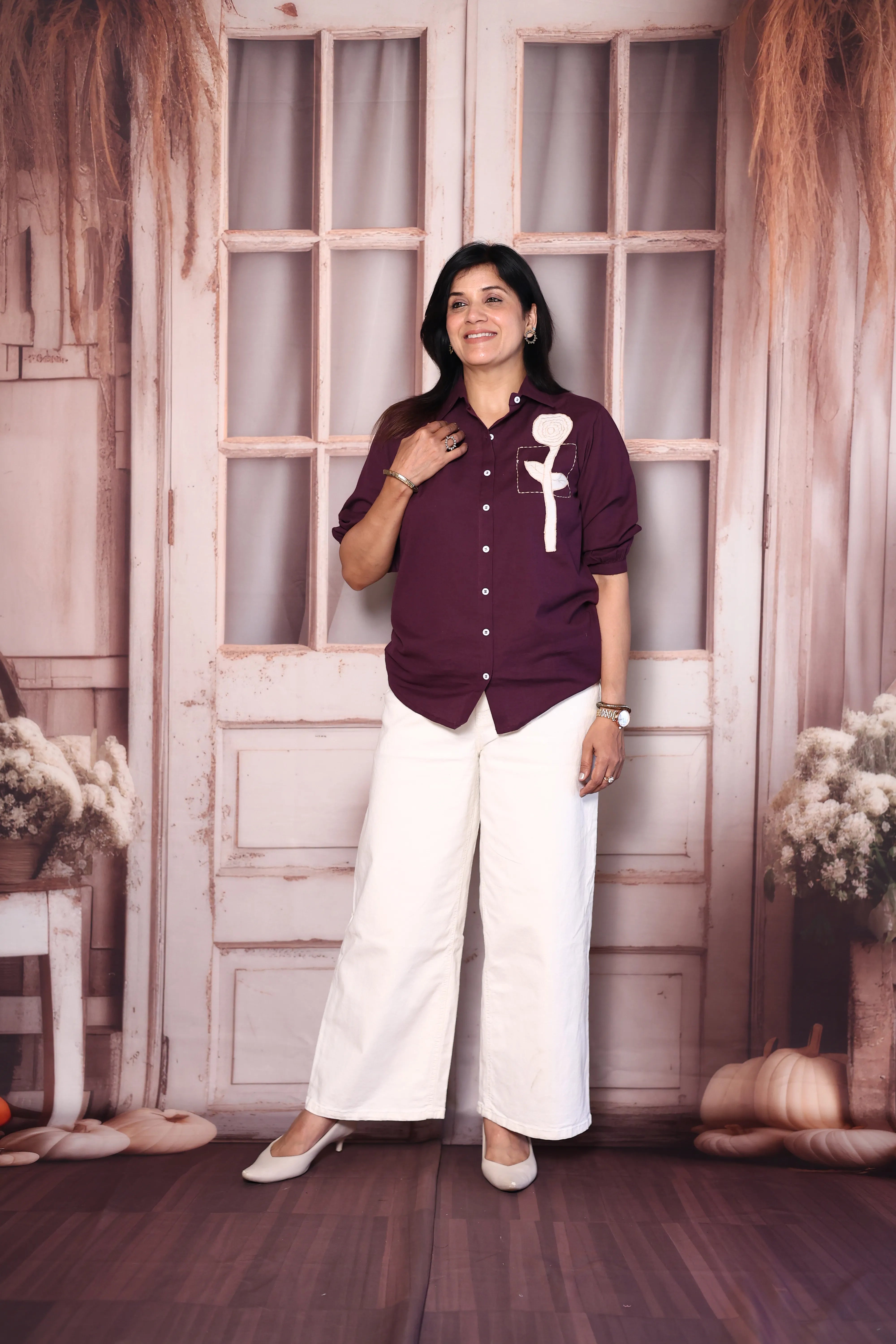 Dark Purple Cotton Collared Shirt with Patchwork Thread Embroidery | Everyday Smart Wear