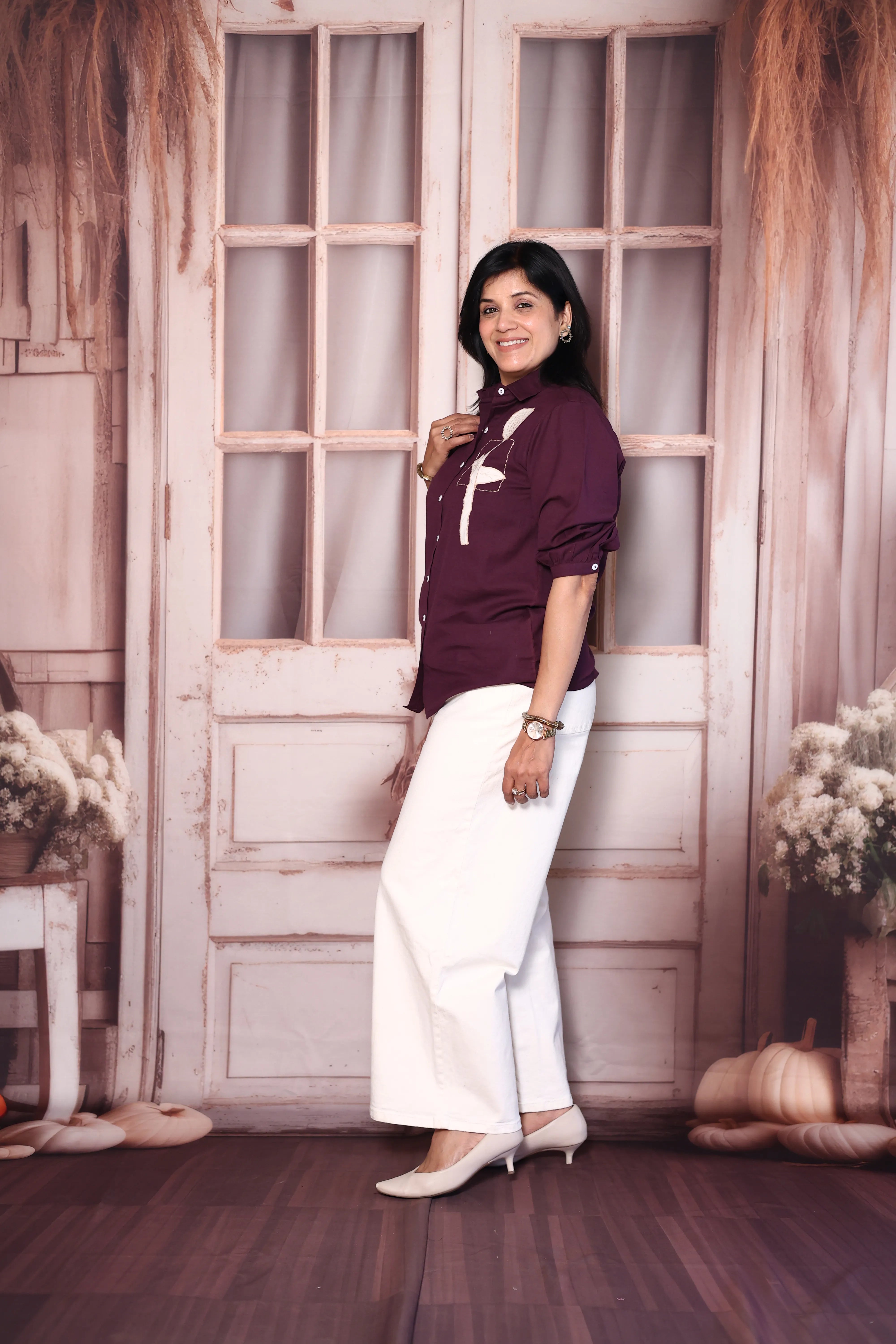 Dark Purple Cotton Collared Shirt with Patchwork Thread Embroidery | Everyday Smart Wear