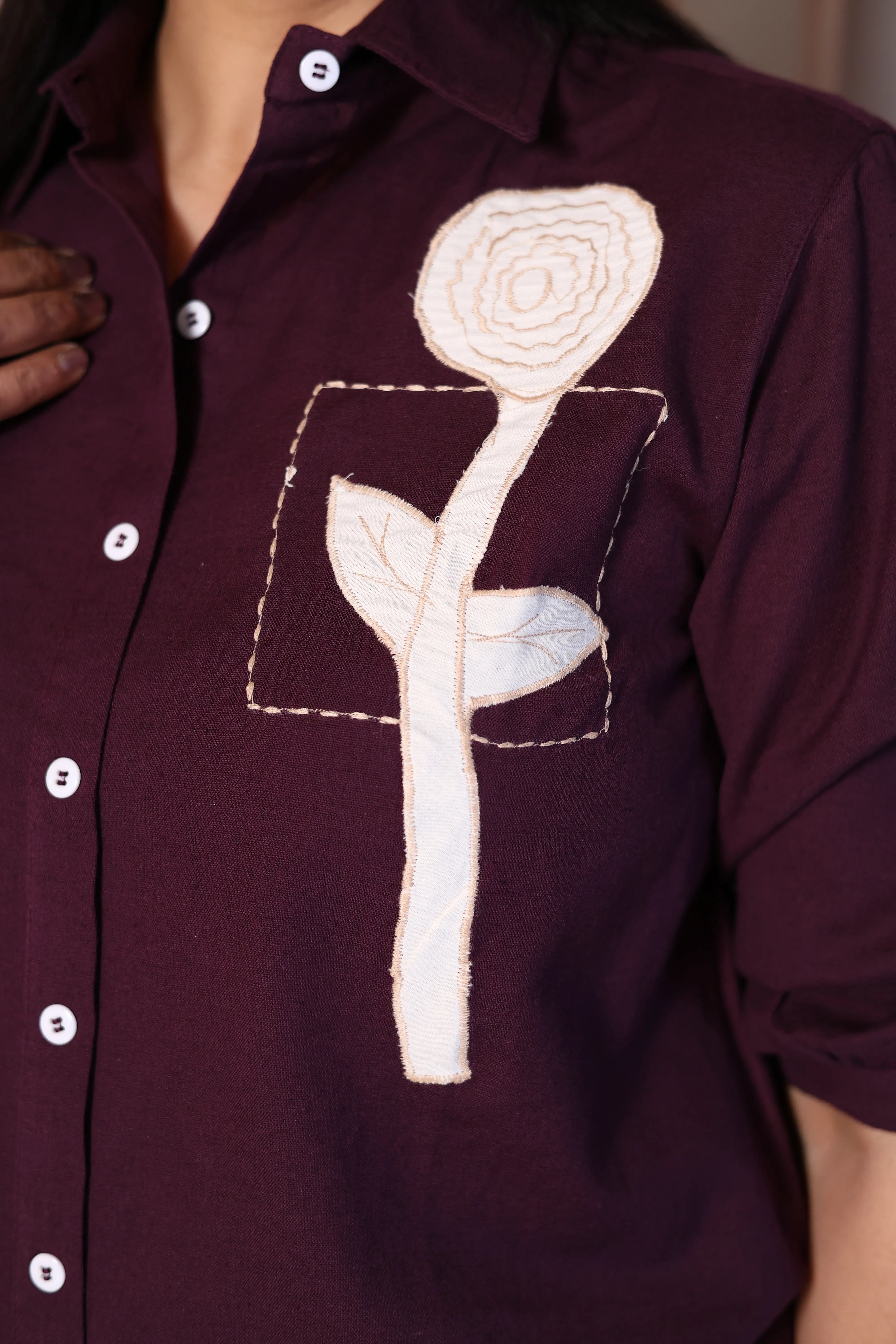 Dark Purple Cotton Collared Shirt with Patchwork Thread Embroidery | Everyday Smart Wear