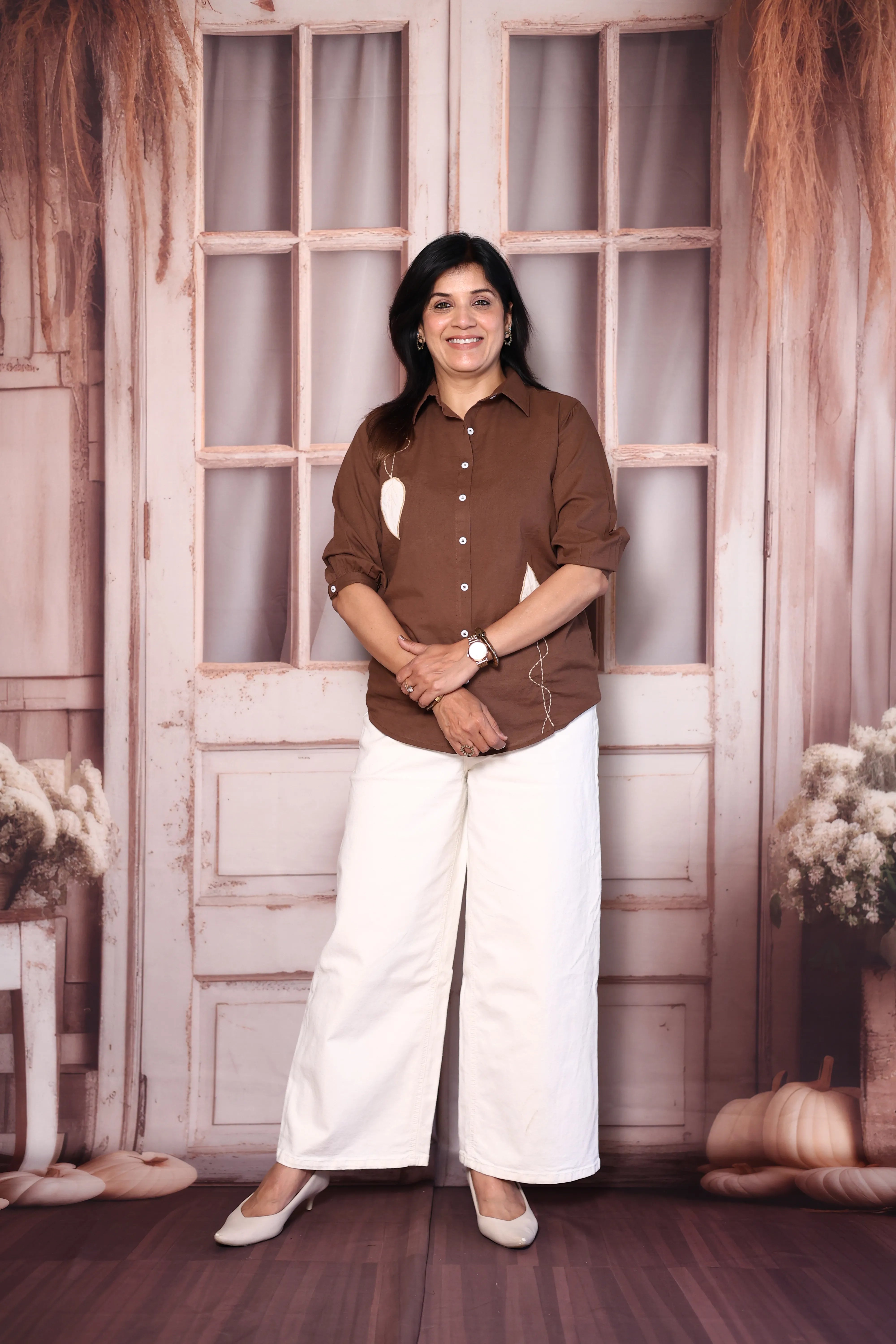 Brown Cotton Collared Shirt with Patchwork Thread Embroidery | Everyday Smart Wear
