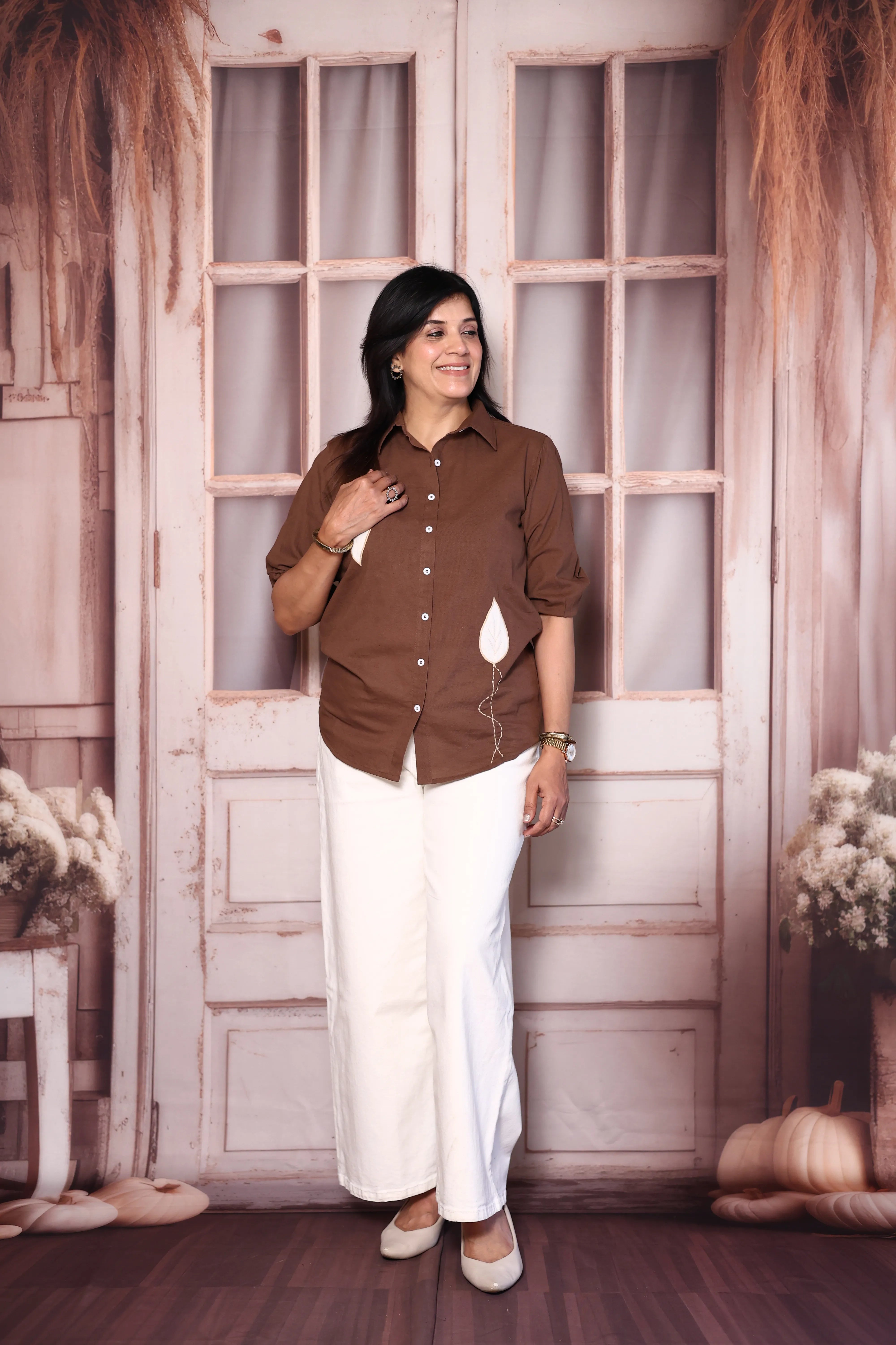 Brown Cotton Collared Shirt with Patchwork Thread Embroidery | Everyday Smart Wear