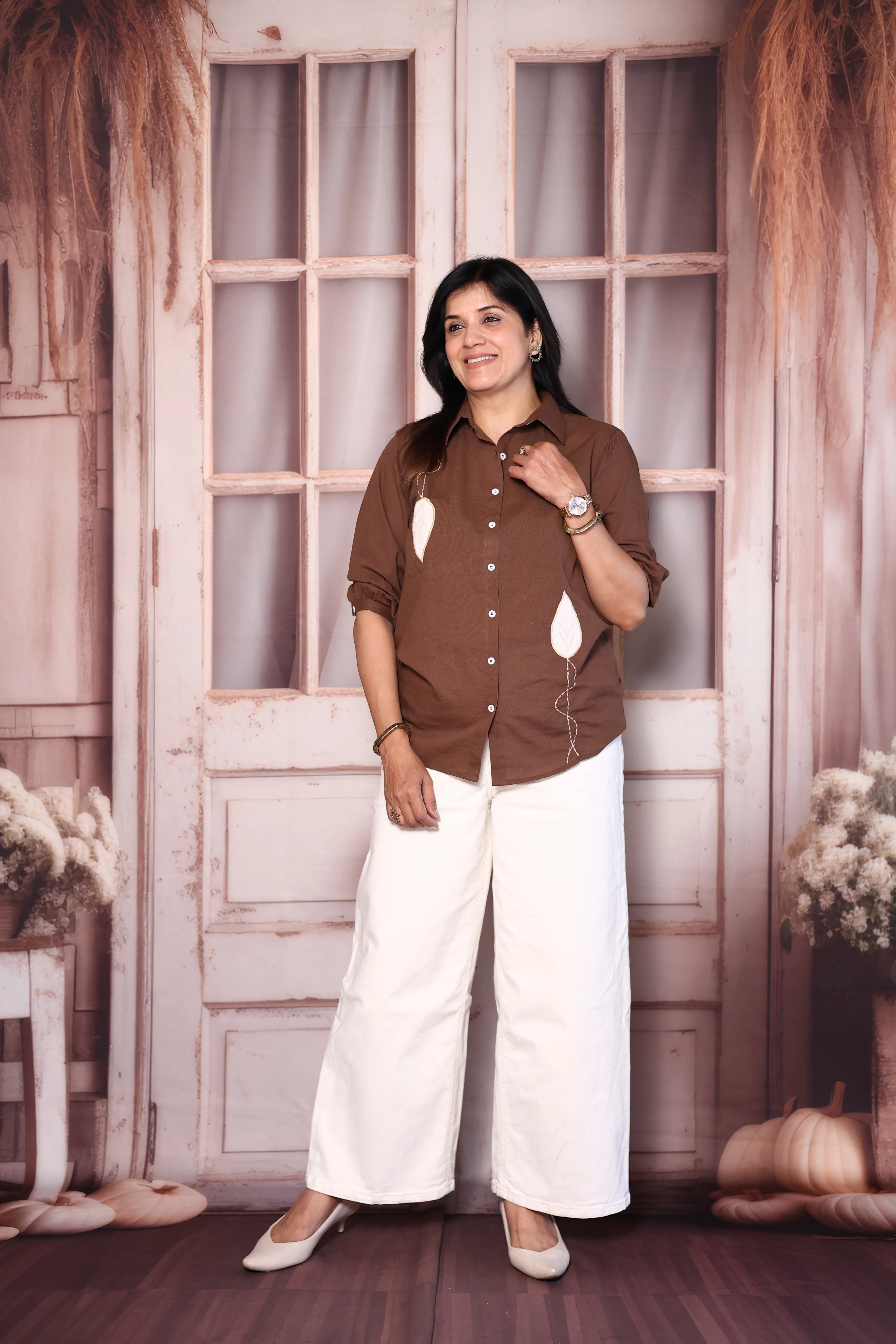 Brown Cotton Collared Shirt with Patchwork Thread Embroidery | Everyday Smart Wear