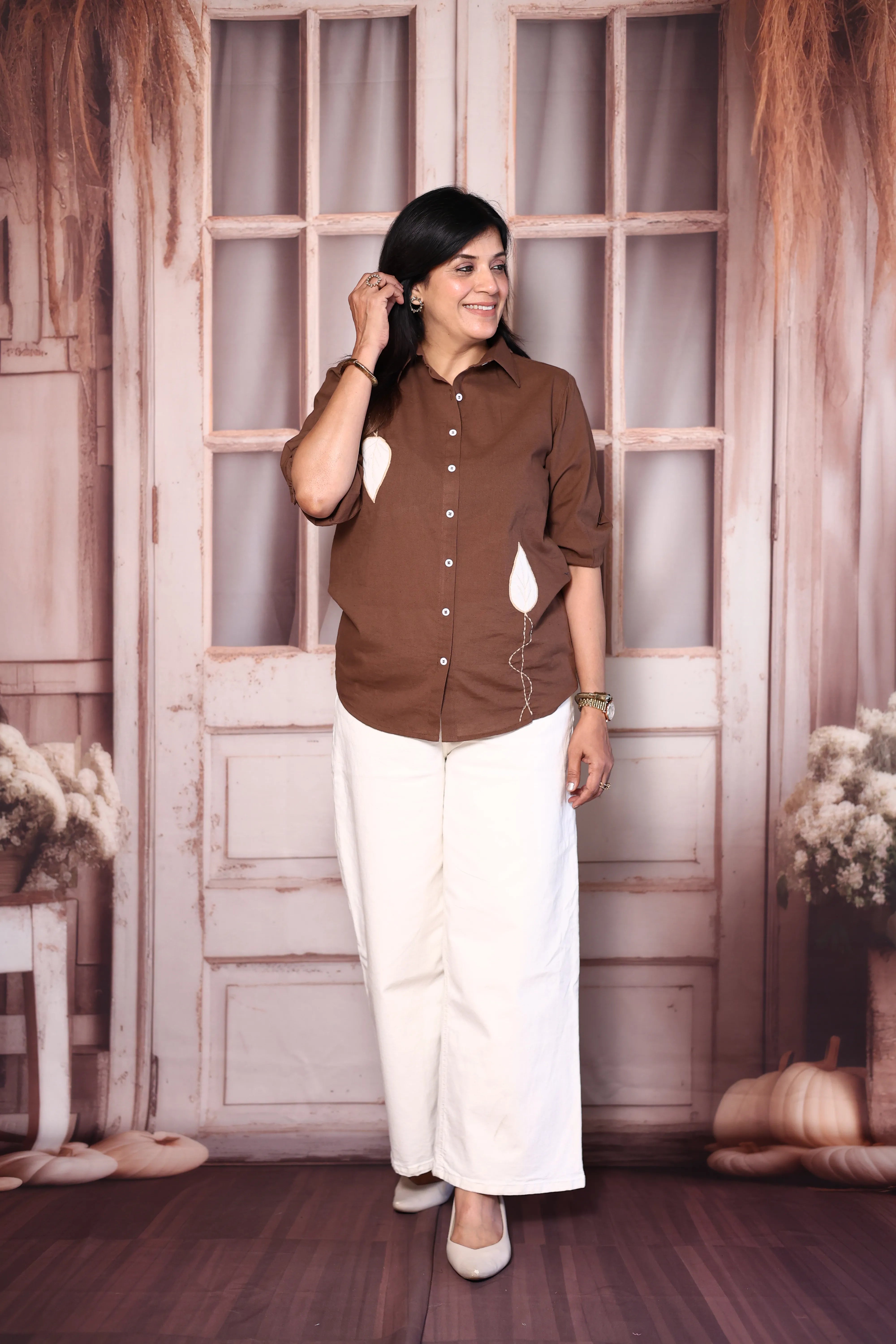 Brown Cotton Collared Shirt with Patchwork Thread Embroidery | Everyday Smart Wear