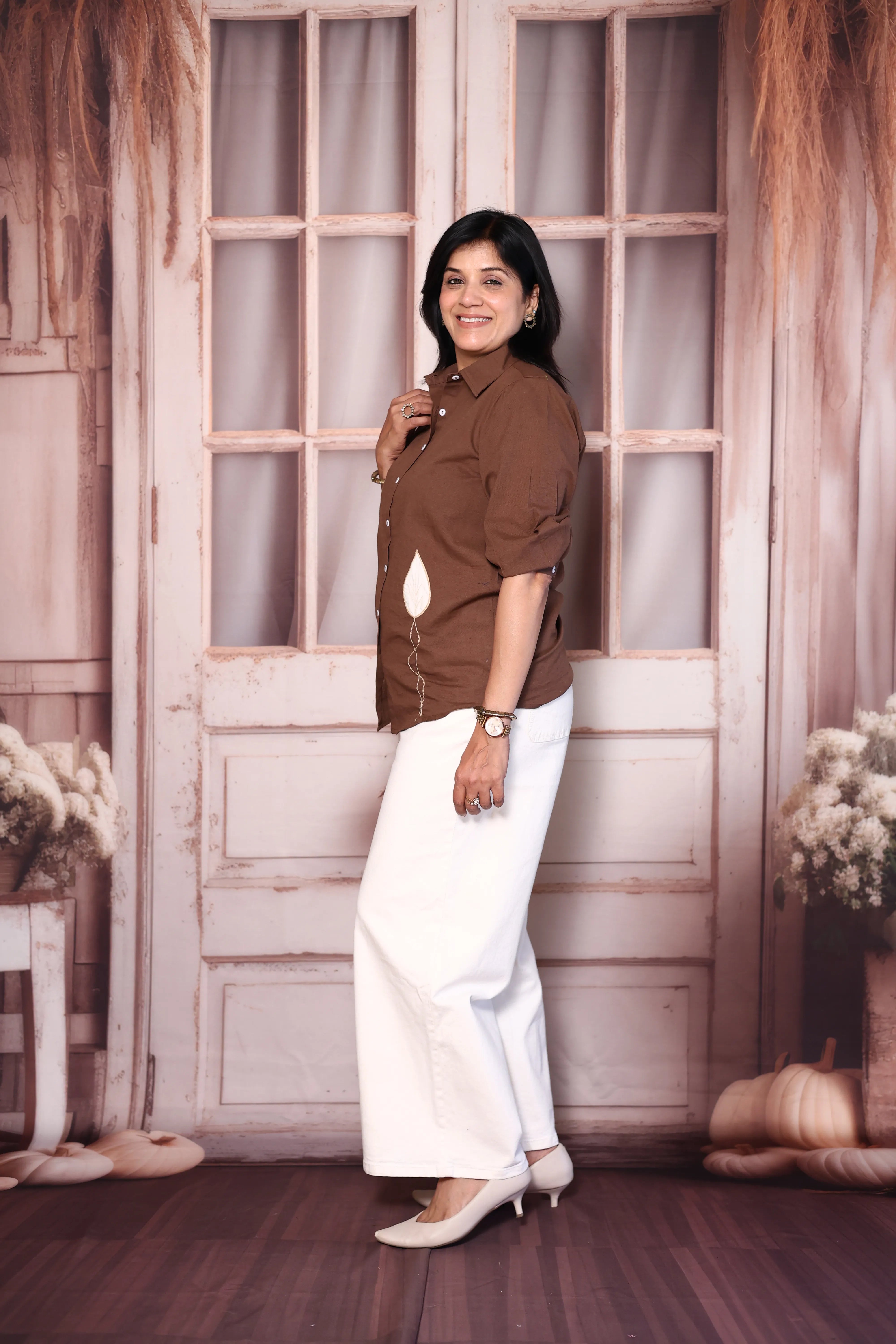 Brown Cotton Collared Shirt with Patchwork Thread Embroidery | Everyday Smart Wear